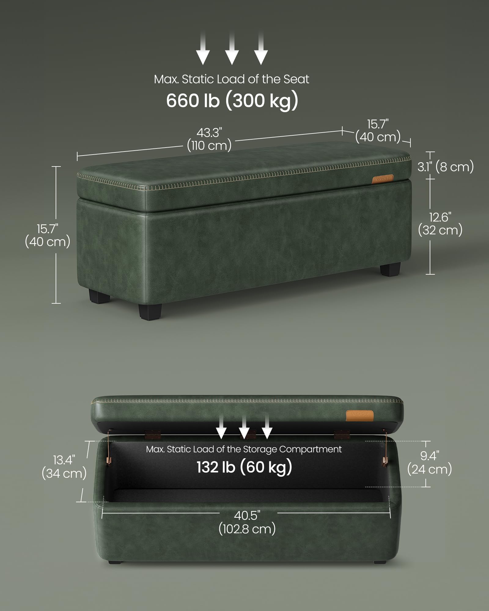 VASAGLE EKHO Collection - Storage Ottoman Bench, Entryway Bedroom Bench, 15 Gallons, Synthetic Leather with Stitching, Mid-Century Modern, Safety Hinges, Loads 660 lb, Caramel Brown ULOM074K01