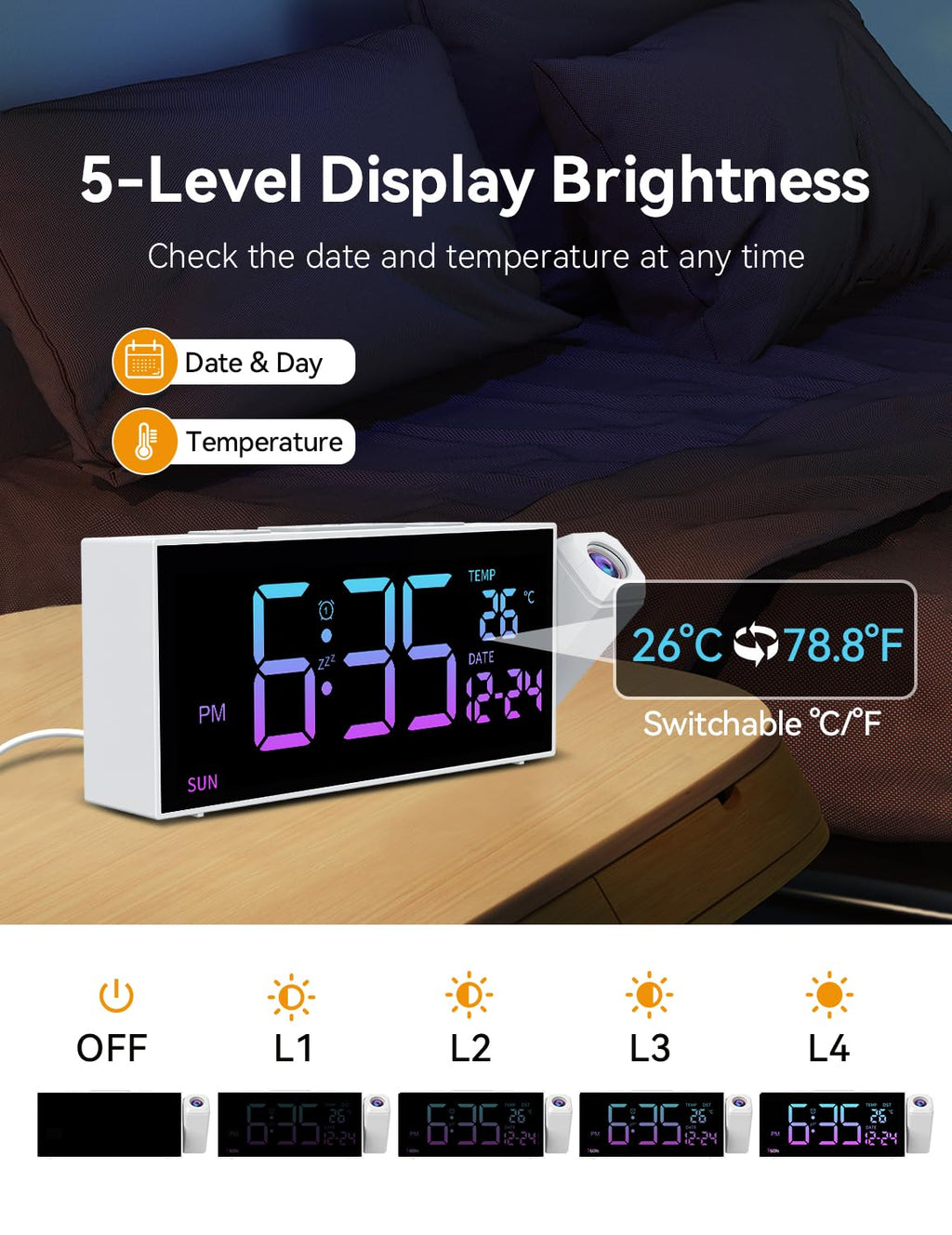 Netzu Projection Clock for Bedroom Ceiling, Alarm Clocks with 180° Rotatable Projector, Date Temperature and Weekday, Manual DST, 5 Brightness, 10 Ringtones, 4 Volumes and Snooze (Black)