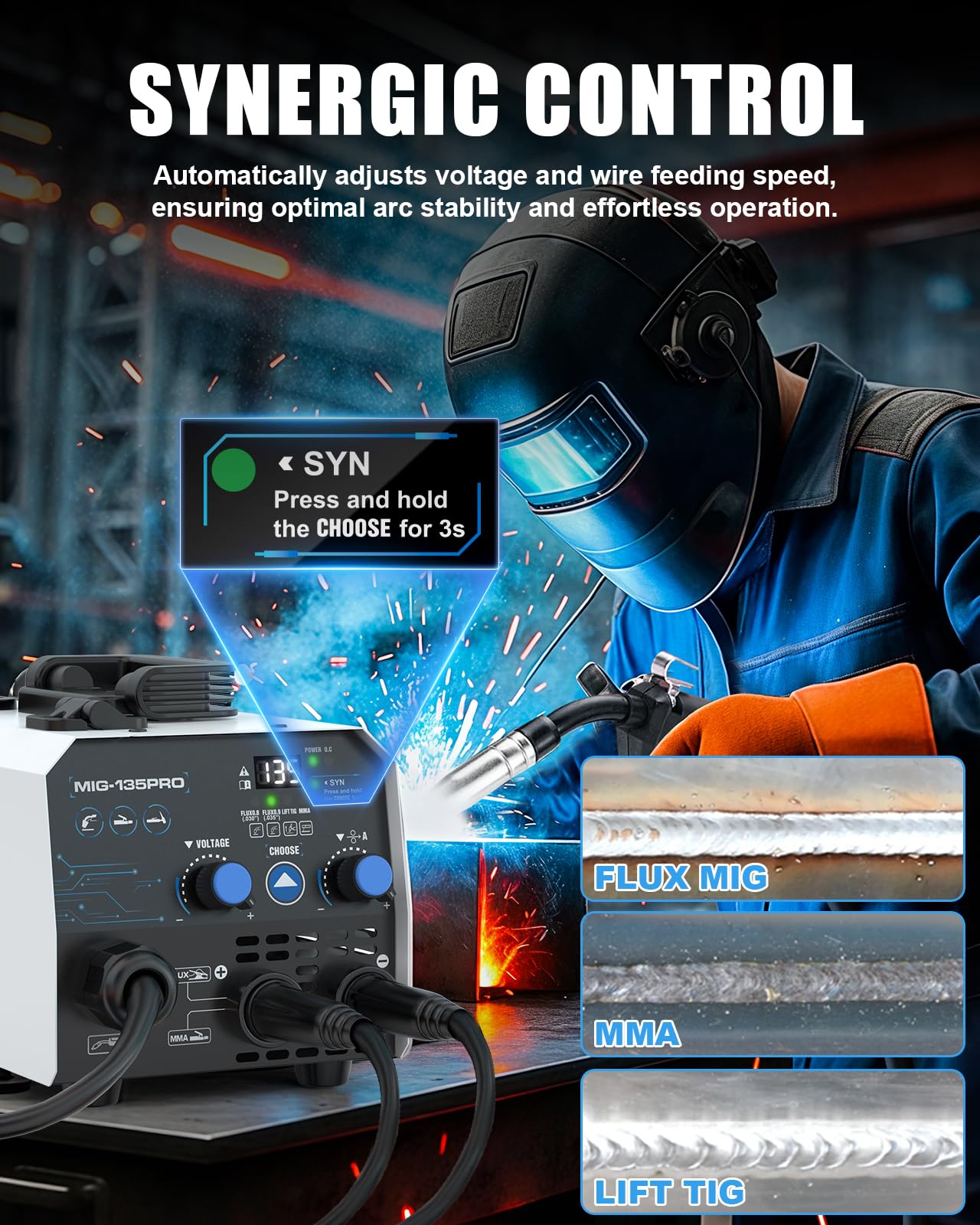 AZZUNO MIG Welder Machine 110V/220V, 155Amp 5-in-1 Gas MIG/Aluminum MIG/Gasless Flux MIG/Lift TIG/Stick Welding Machine, Wire Feed Welder