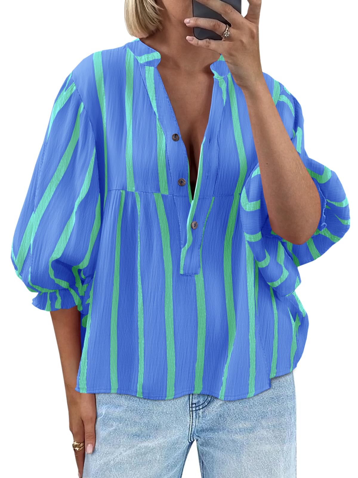 Tankaneo Womens Puff Sleeve Babydoll Tops Summer V Neck Striped Blouse Cute Casual Loose Fit Flowy Shirts