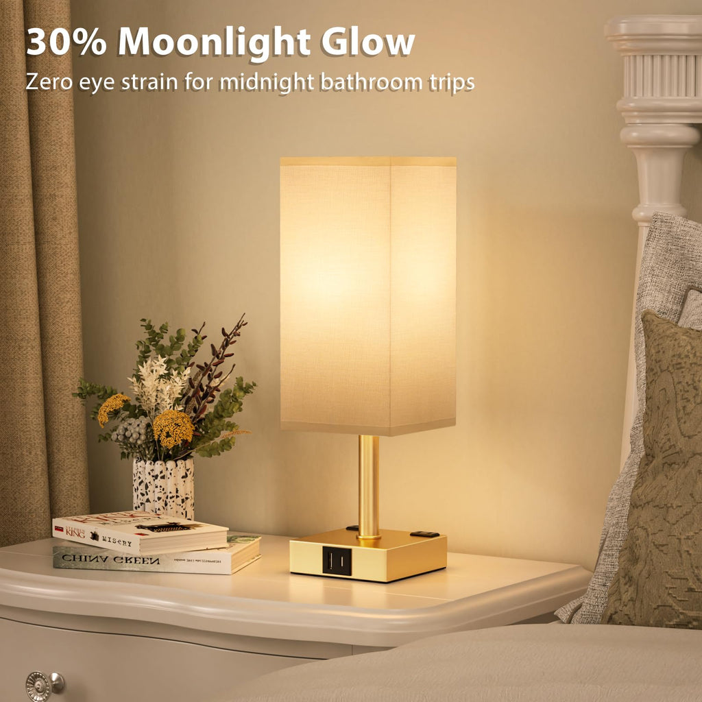 aooshine Set of 2 Touch Nightstand Lamp with USB-C+A Charge Ports& AC Outlets, 3-Way Dimmable Bedside Lamp with White Fabric Shade,Small Table Lamp for Bedroom Guest Room(Bulb Included)