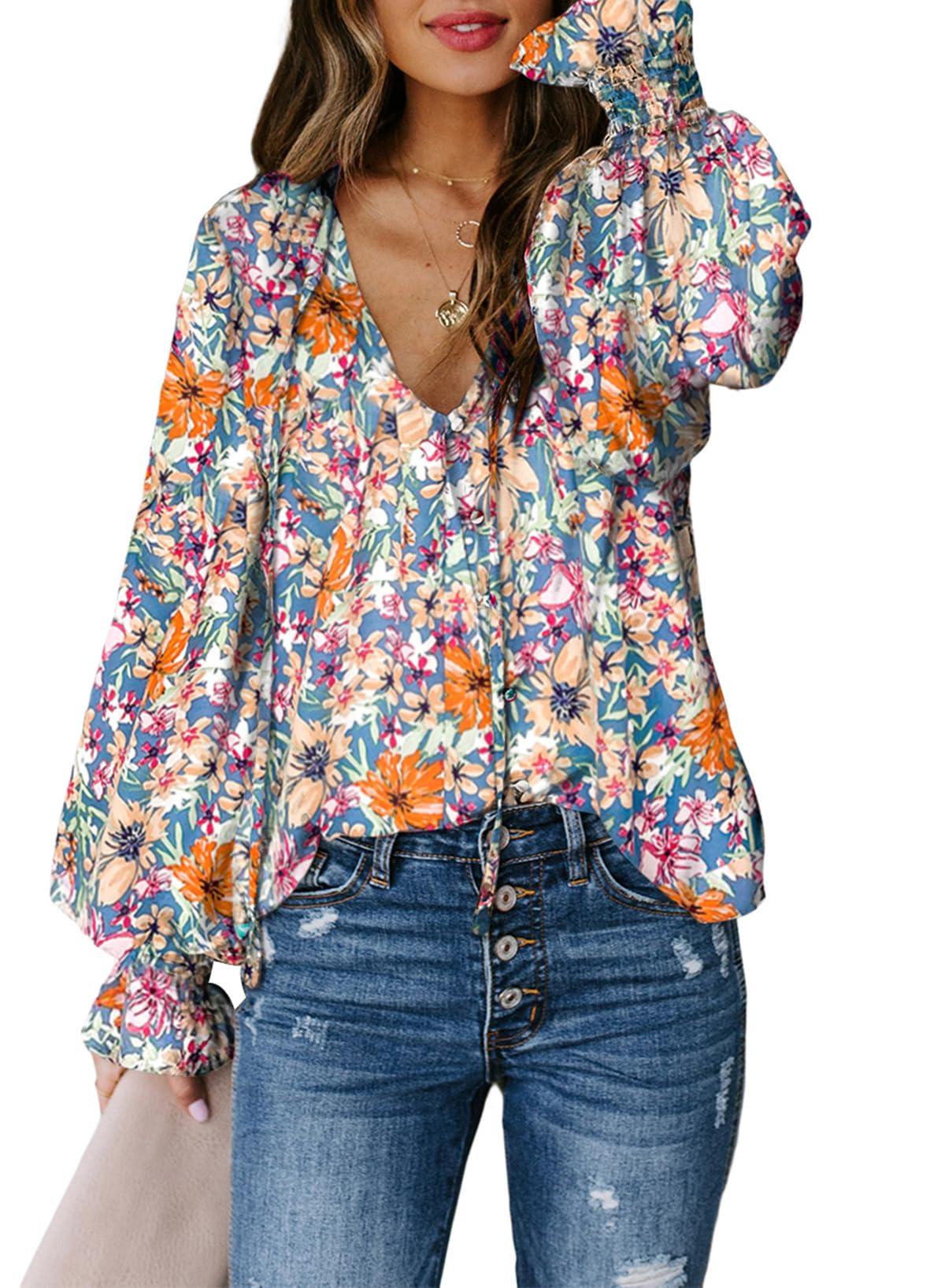 Biucly Women's Casual Boho Floral Print V Neck Long Sleeve Drawstring Tops Loose Blouses Button Down Shirts