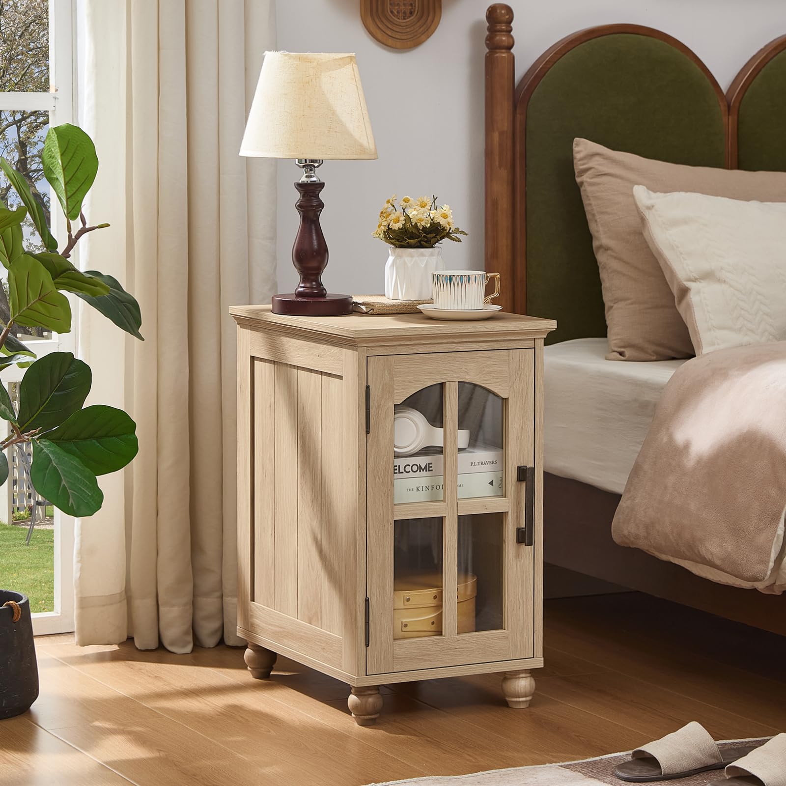 Narrow Side Table,Farmhouse Nightstand with Charging Station,Wood End Table with Glass Barn Door Storage, Cabinet Organizer with Adjustable Shelf, Night Stand for Small Spaces for Living Room Bedroom