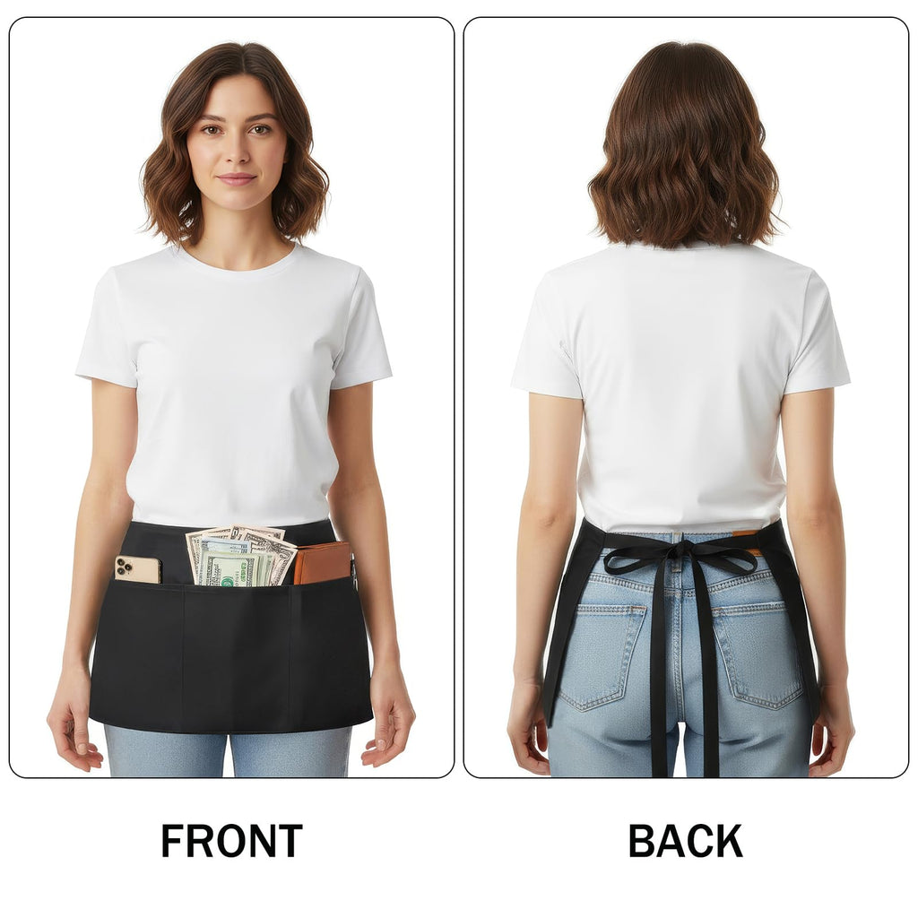BOHARERS Waist Apron with 3 Pockets - White Waitress Waiter Server Short Apron