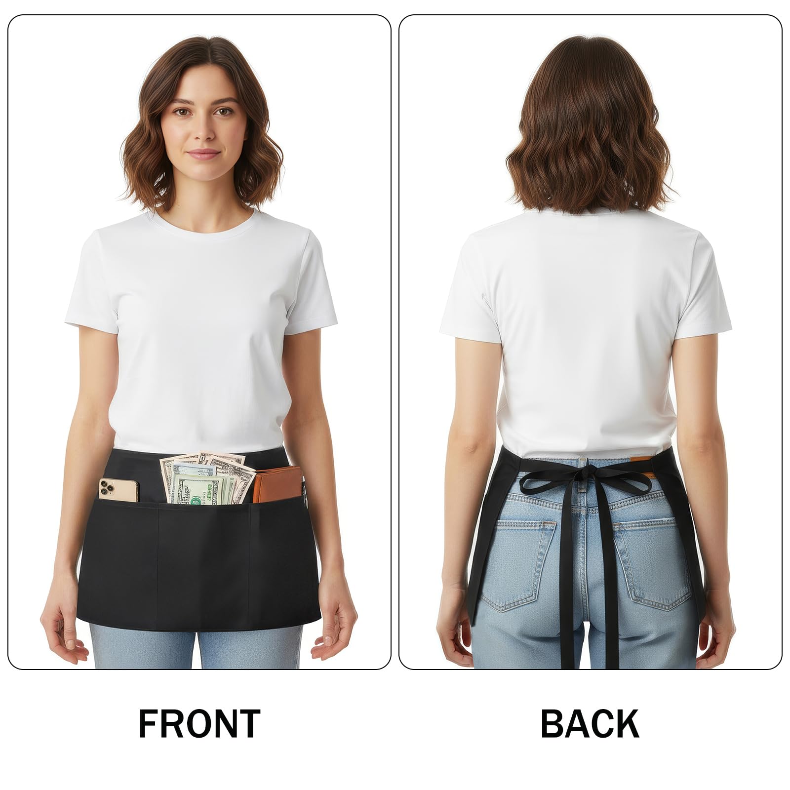 BOHARERS Waist Apron with 3 Pockets - White Waitress Waiter Server Short Apron