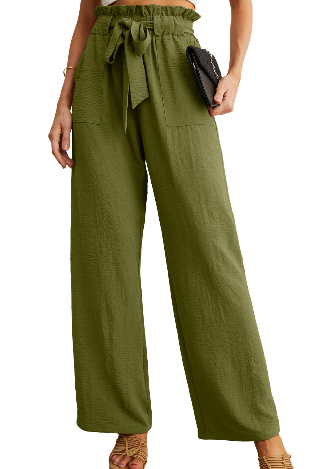 IWOLLENCE Women High Waist Palazzo Pants, Adjustable Knot Ankle Wide Leg Trousers Pockets Beach Vacation Lounge Office