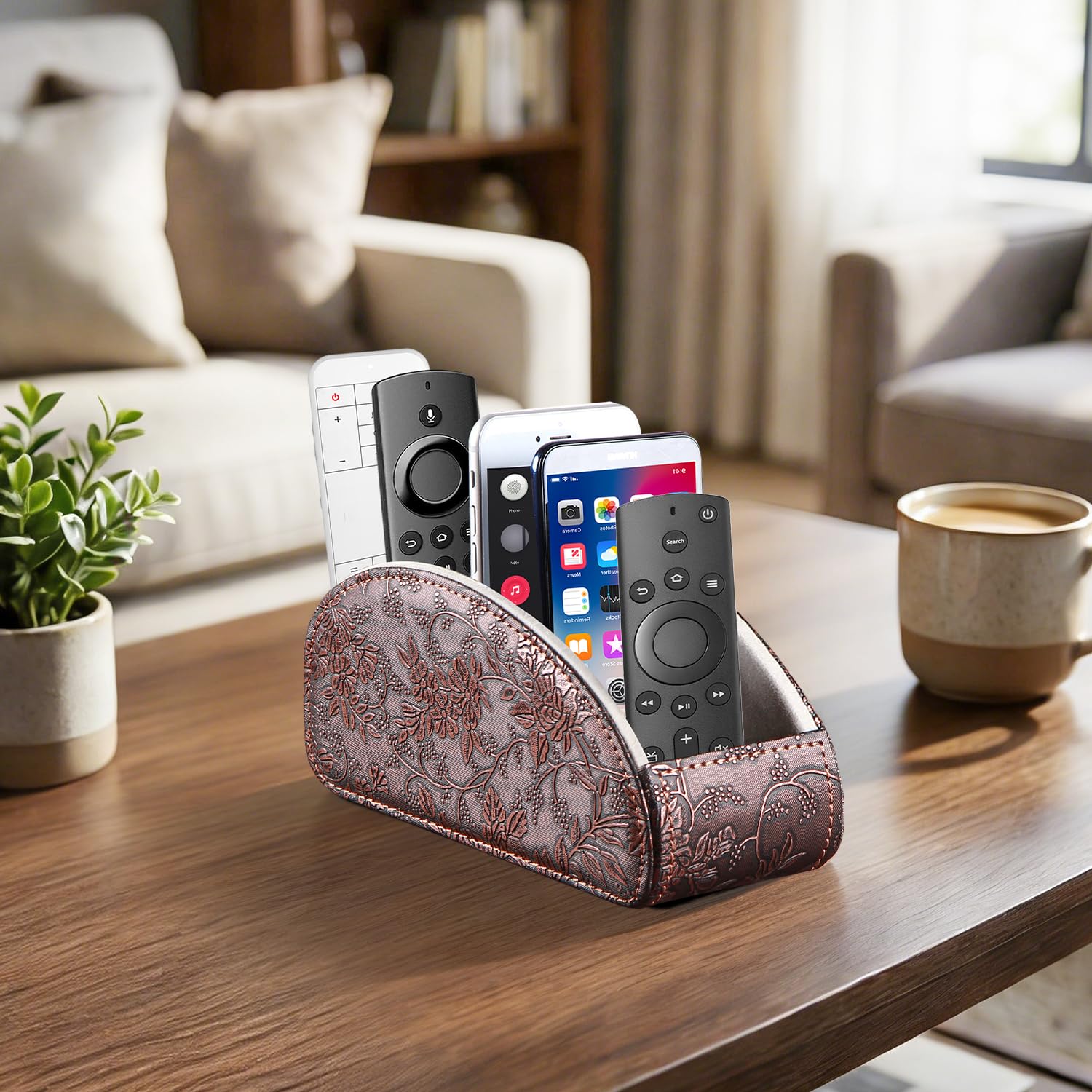 YAPISHI All-in-One Leather Brown TV Remote Holder with 5 Compartments Nightstand Desktop Media Player Remote Caddy Storage Box Organizer Tray for Mobile Office Phone Controller