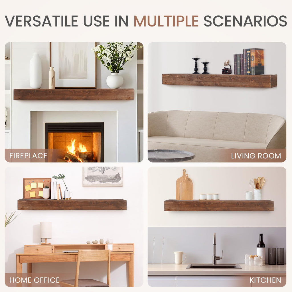 G GOOD GAIN Fireplace Mantel 54inch - Handmade Rustic Wood Mantel for Over Fireplace | Wall Mounted Floating Mantle Shelves for Living Room Decor(Chocolate, 54Lx5Hx8D)