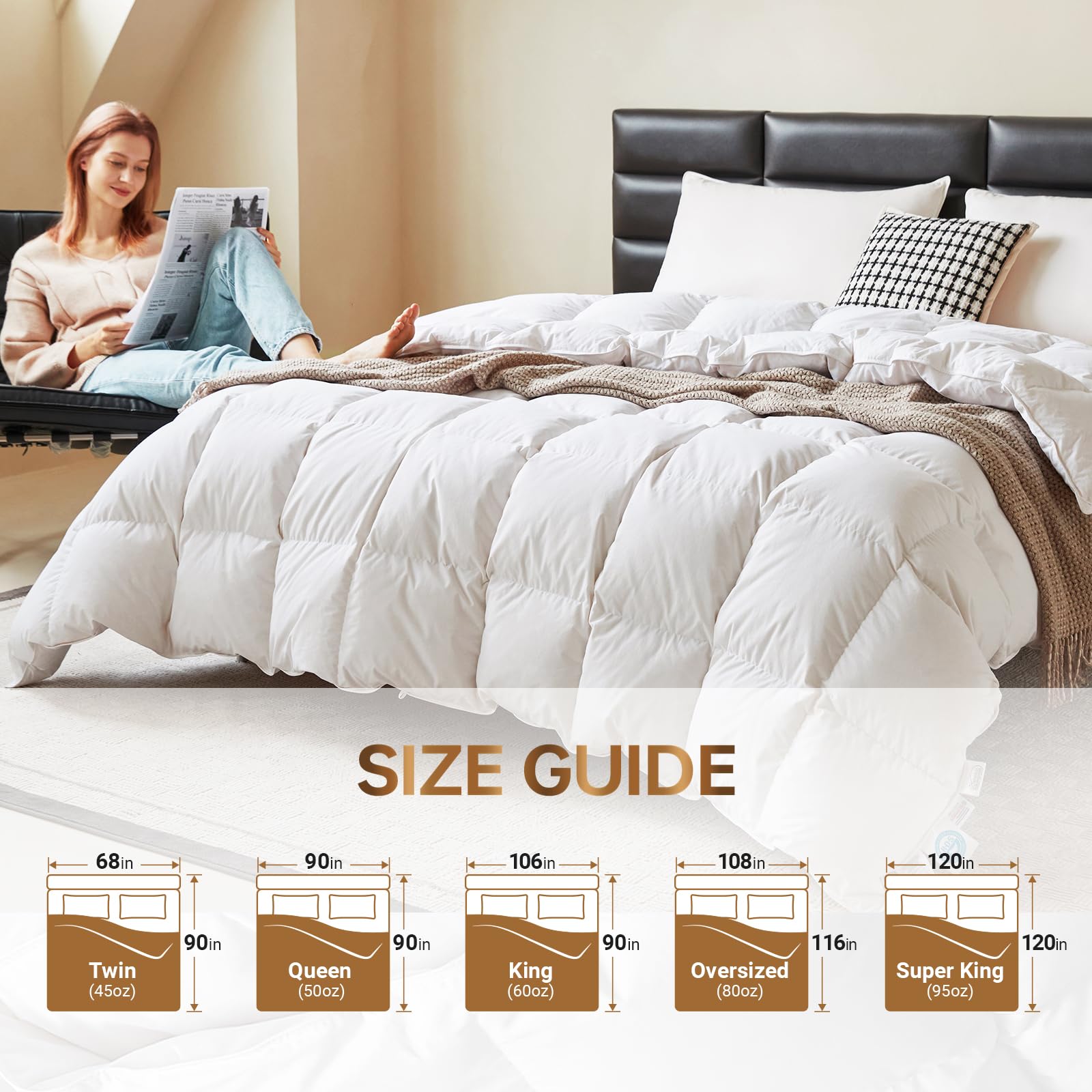C&W Twin/Twin XL Down Comforter All Season, 750 Fill Power, Duvet Insert, 30oz Fill Weight, 100% Cotton Shell, Noiseless, Breathable, Lightweight, Machine Washable, Baffle Box, White (68"x90")