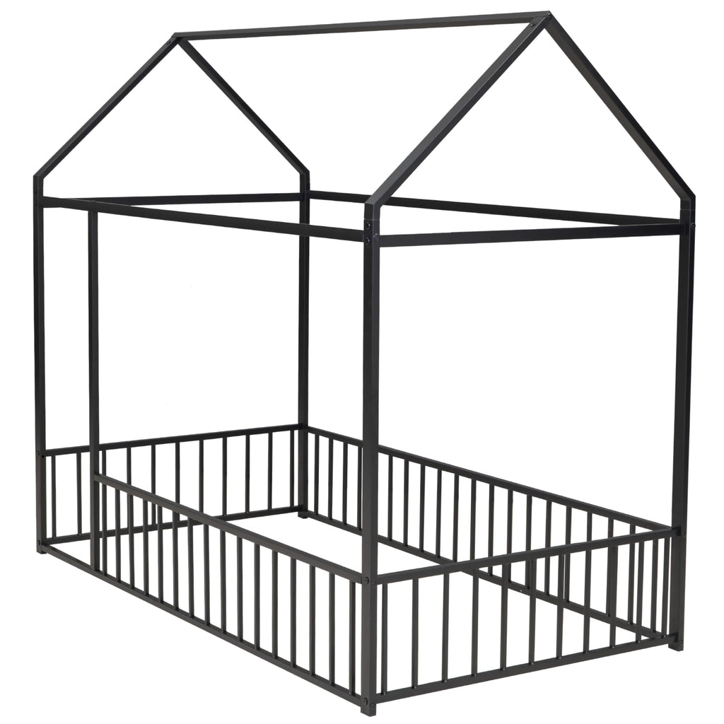 Bellemave Twin Size Montessori Floor Bed, Metal House Bed Framefor Kids, Montessori Floor Beds with Fence, Playhouse for Kids,Black