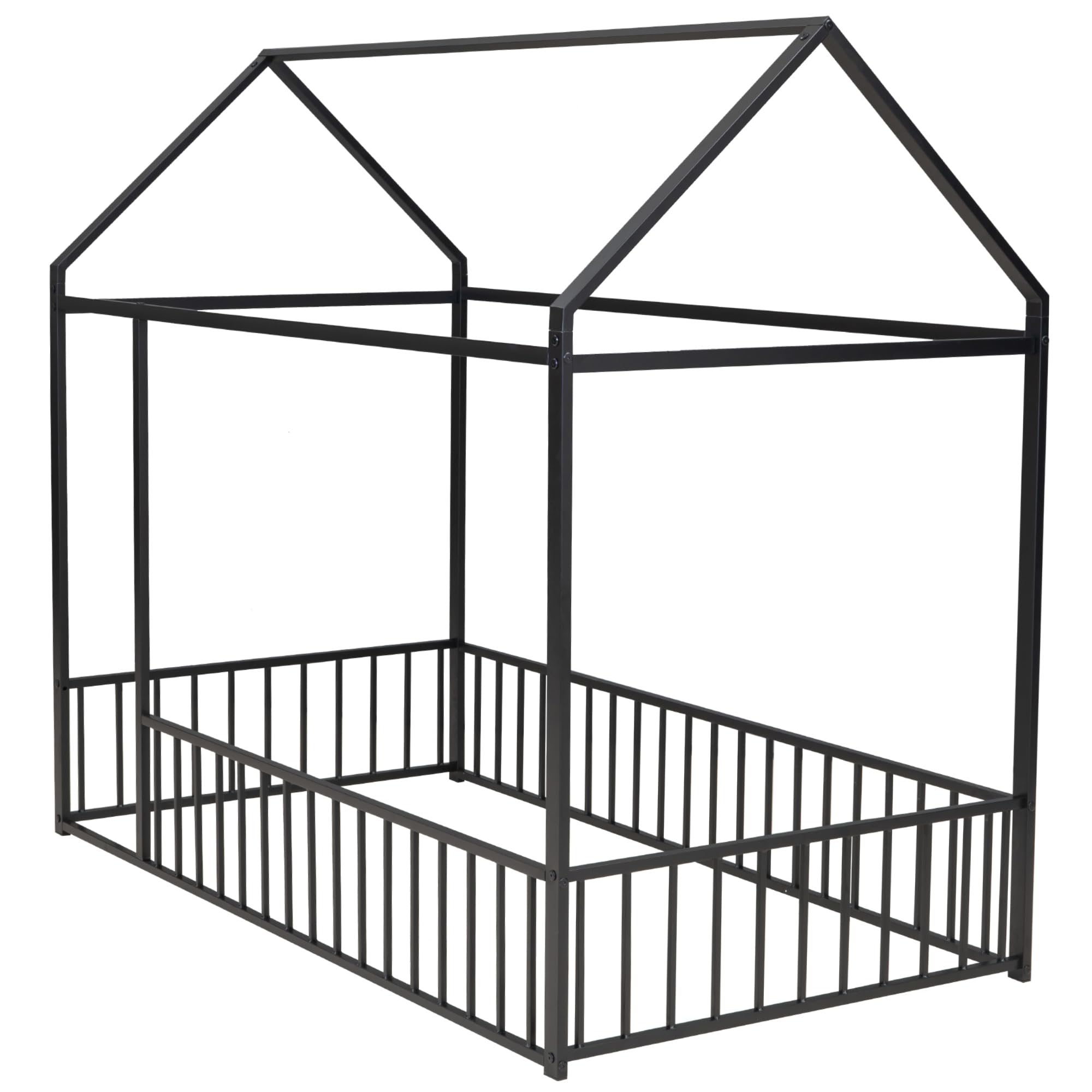 Bellemave Twin Size Montessori Floor Bed, Metal House Bed Framefor Kids, Montessori Floor Beds with Fence, Playhouse for Kids,Black