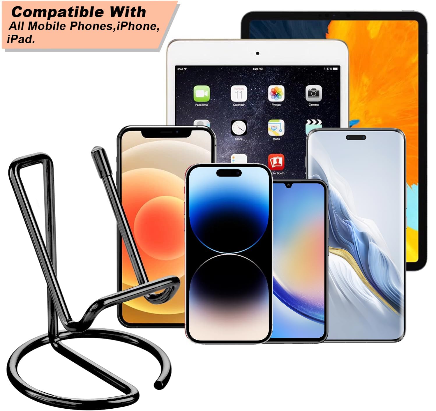 ROPOSY Cell Phone Stand for Desk, Cute Metal Black Cell Phone Stand Holder Desk Accessories, Compatible with All Mobile Phones, iPhone, iPad