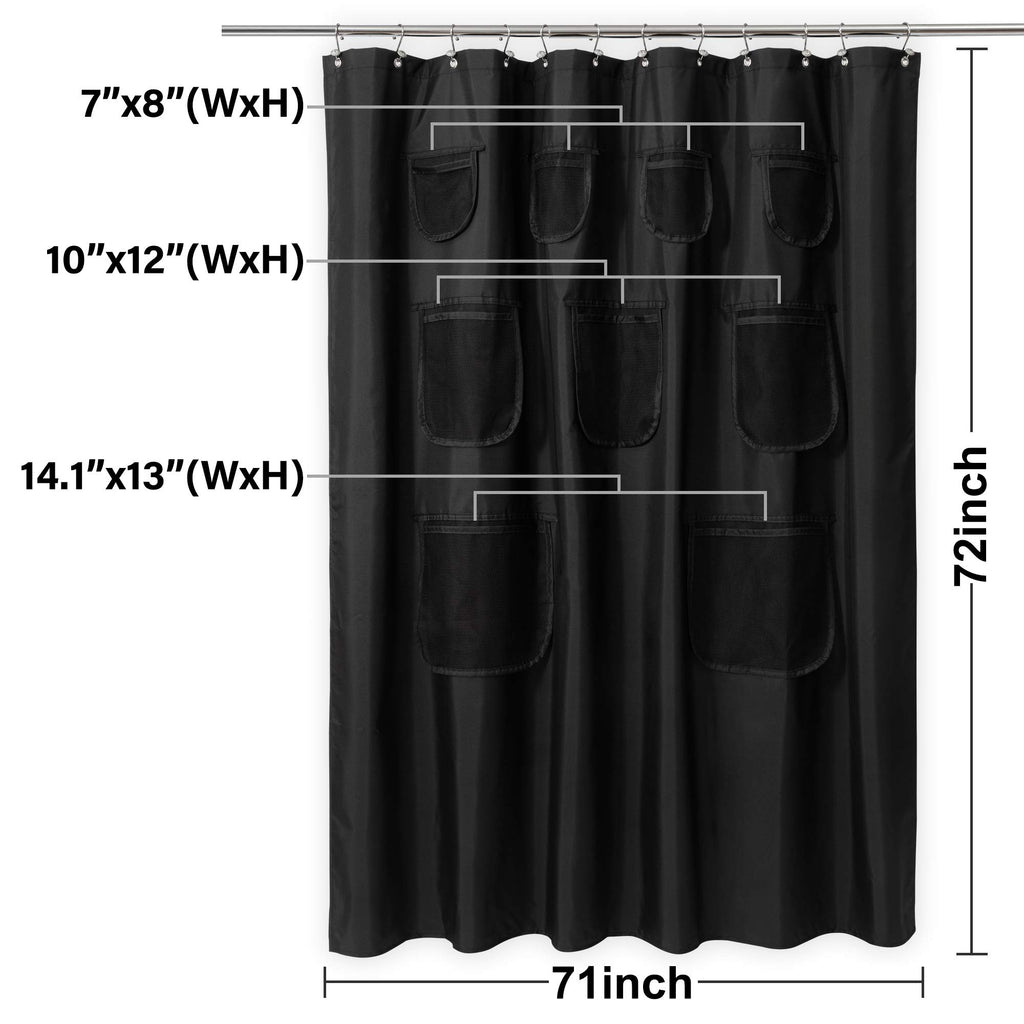 N&Y HOME Waterproof Fabric Shower Curtain or Liner with 9 Mesh Pockets - Black, 71x72 Inches