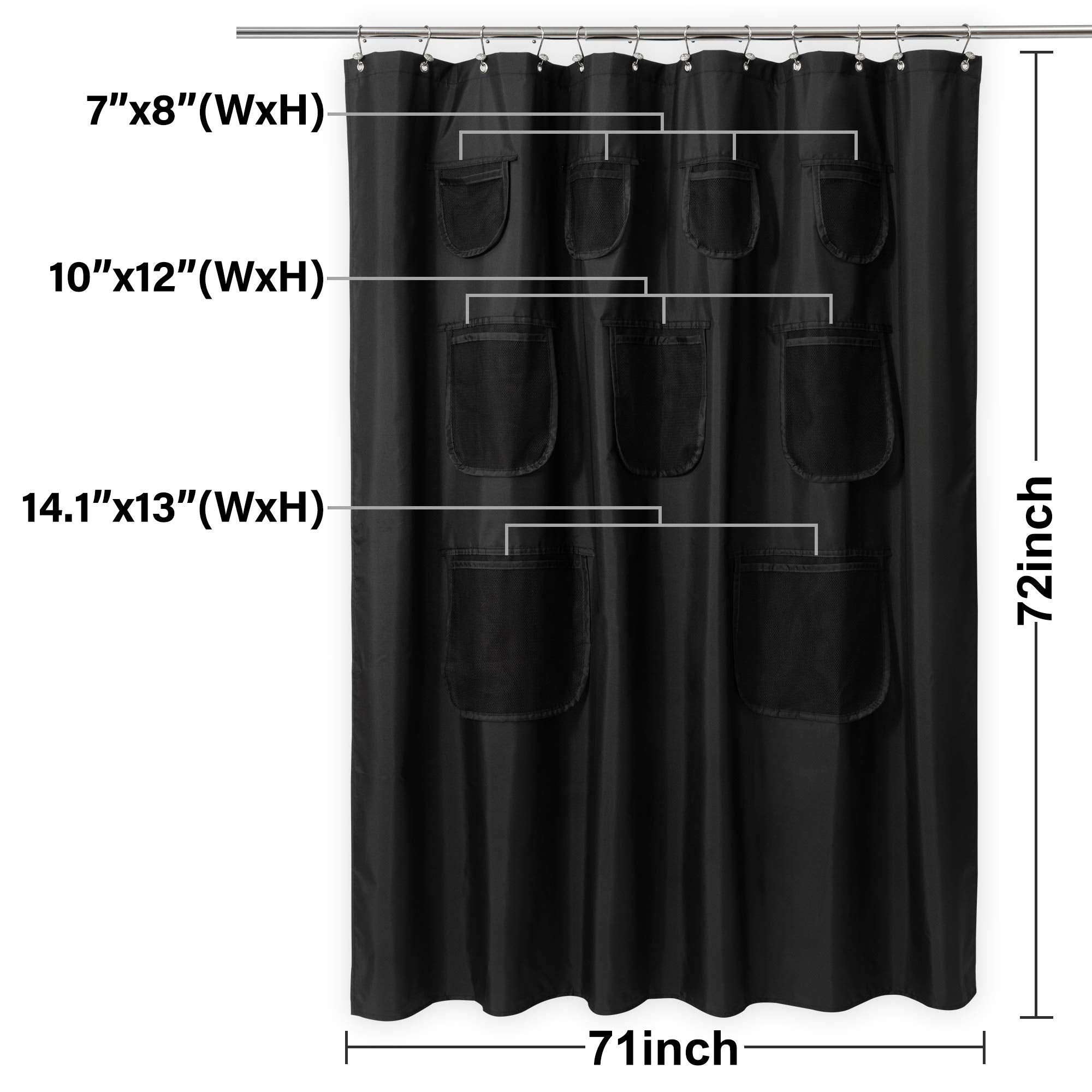 N&Y HOME Waterproof Fabric Shower Curtain or Liner with 9 Mesh Pockets - Black, 71x72 Inches