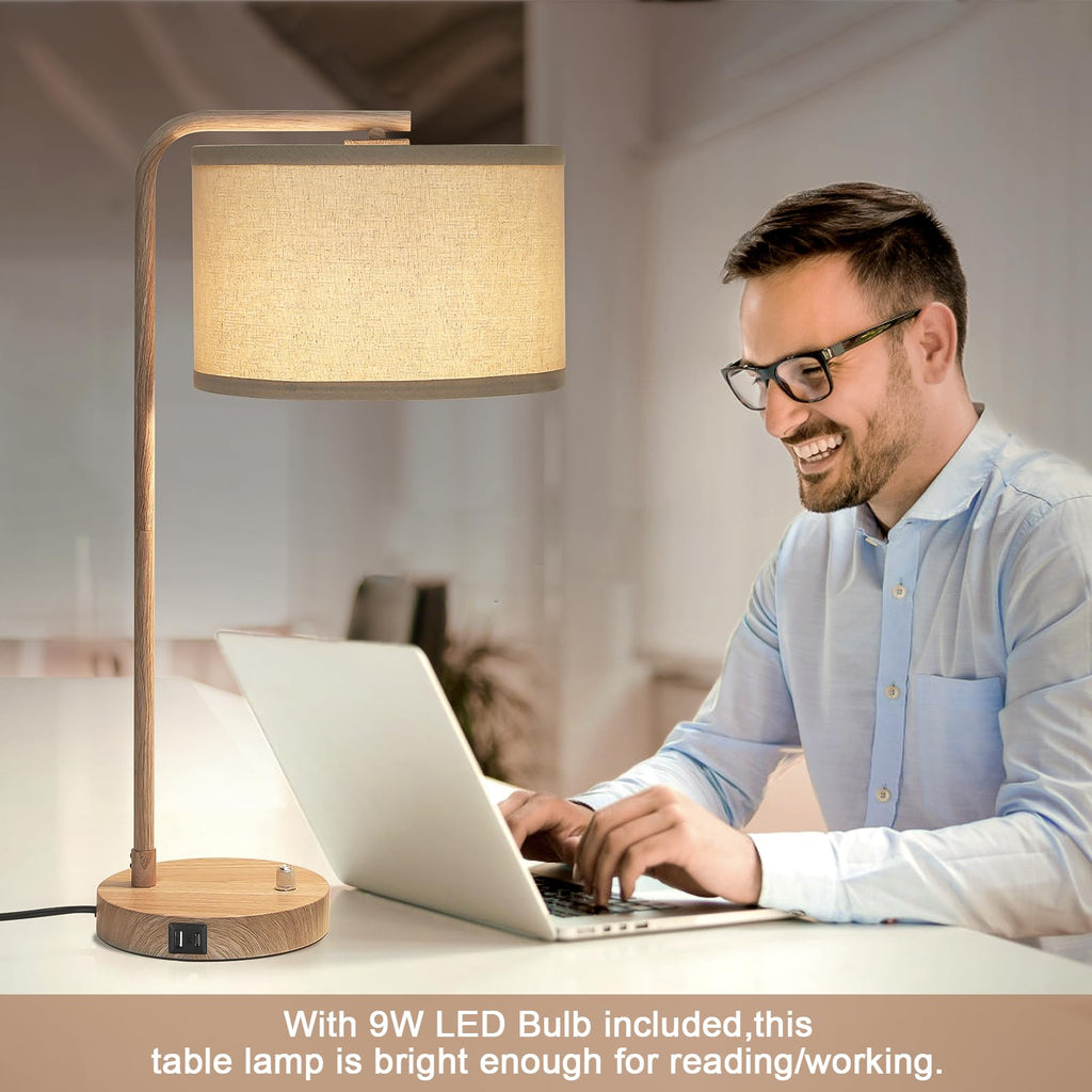 Table Lamps Set of 2, Fully Dimmable Bedside Lamp with USB C+A Charging Ports, Modern Nightstand Lamps with Linen Fabric Shades, Tall Desk Lamp for Bedroom, Living Room, Office, LED Bulb Included