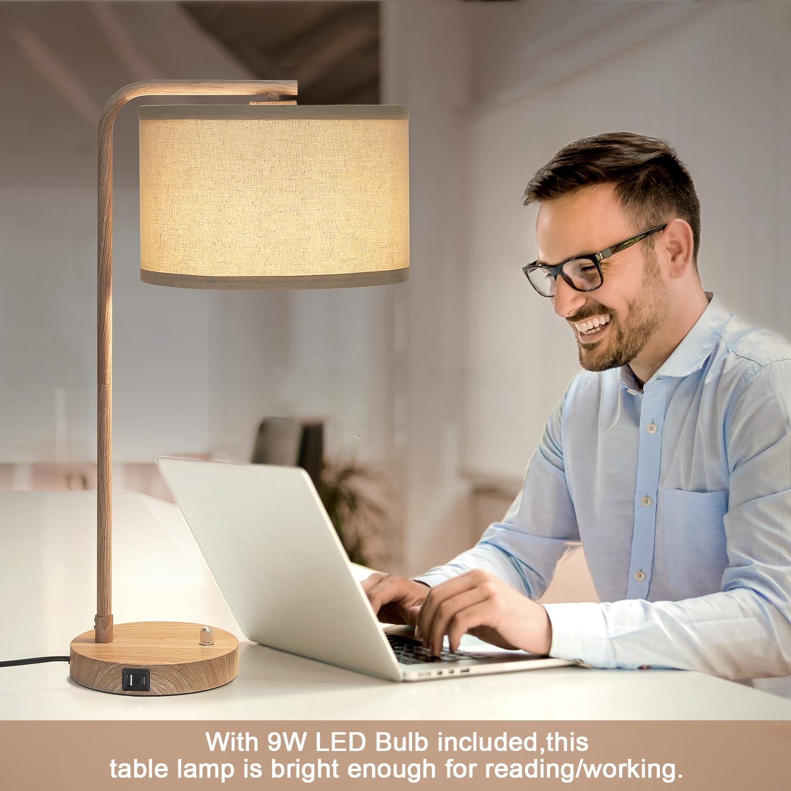 Table Lamps Set of 2, Fully Dimmable Bedside Lamp with USB C+A Charging Ports, Modern Nightstand Lamps with Linen Fabric Shades, Tall Desk Lamp for Bedroom, Living Room, Office, LED Bulb Included