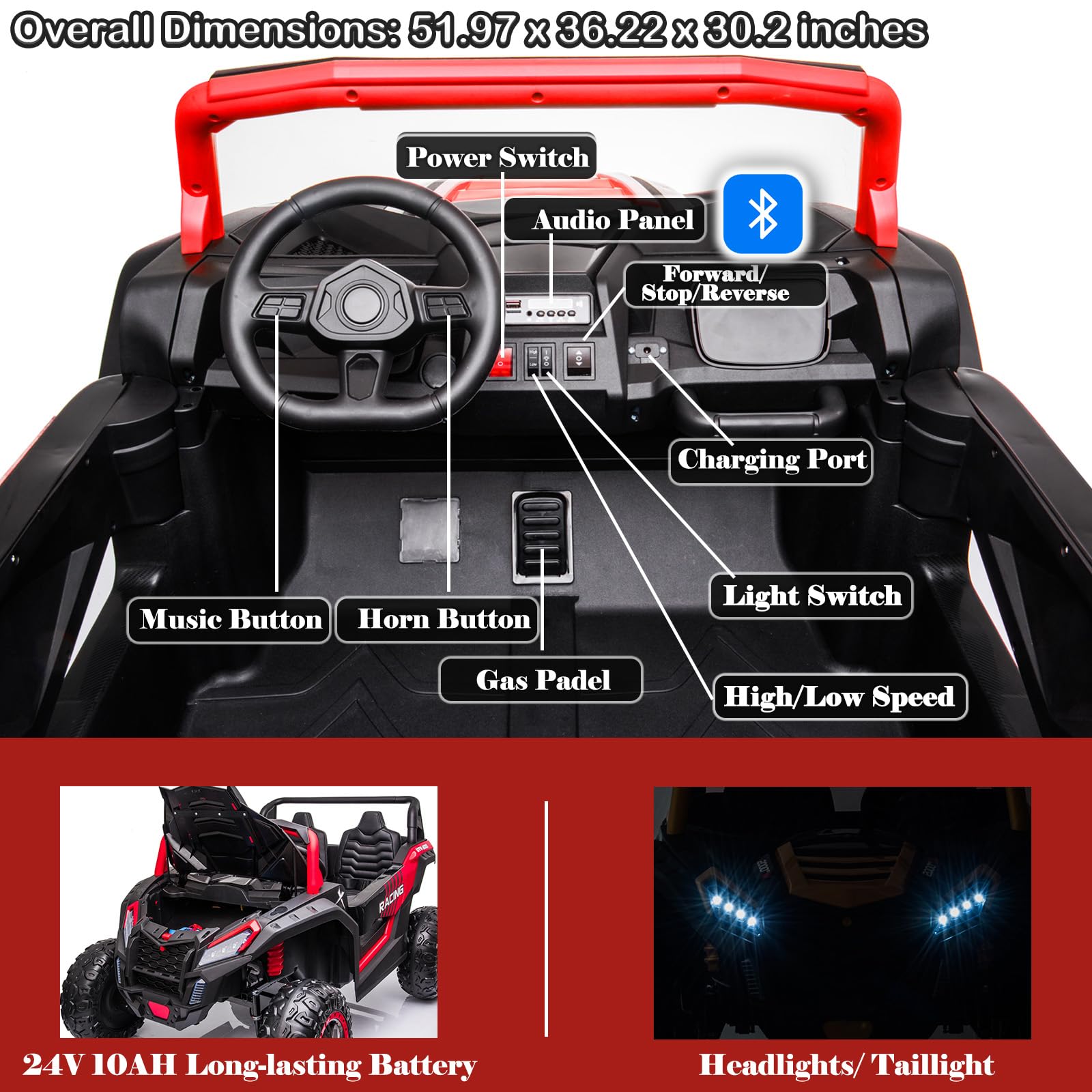 NEWQIDA XXXL 24V Ride On Toys for Big Kids UTV 2 Seater Electric Car w/Remote Control, 4WD Off-Road Side by Side, Max 220lbs, 24.8" Spacious Seat, EVA Tires, Up to 5.6 MPH, Rear Shock Absorbor, Black