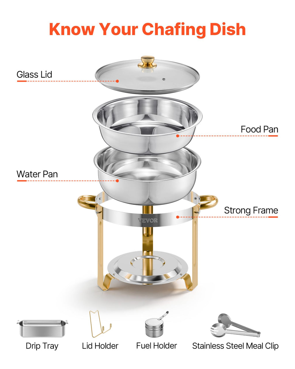 VEVOR Chafing Dish Buffet Set, 5 Qt 4 Pack, Stainless Steel Chafer with 4 Full Size Pan, Round Catering Warmer Server with Glass Lid Water Pan Folding Stand Fuel Holder, for Wedding Banquet, Gold