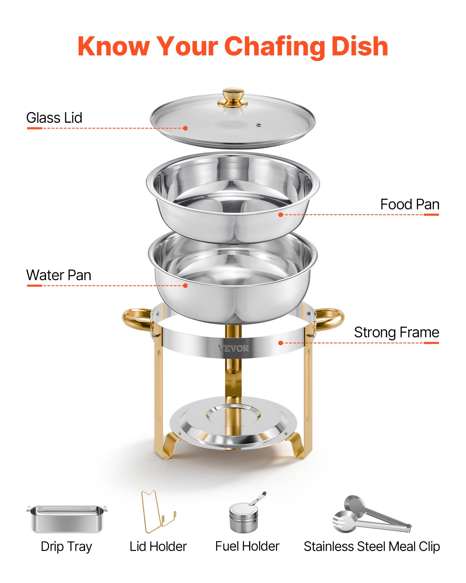 VEVOR Chafing Dish Buffet Set, 5 Qt 4 Pack, Stainless Steel Chafer with 4 Full Size Pan, Round Catering Warmer Server with Glass Lid Water Pan Folding Stand Fuel Holder, for Wedding Banquet, Gold