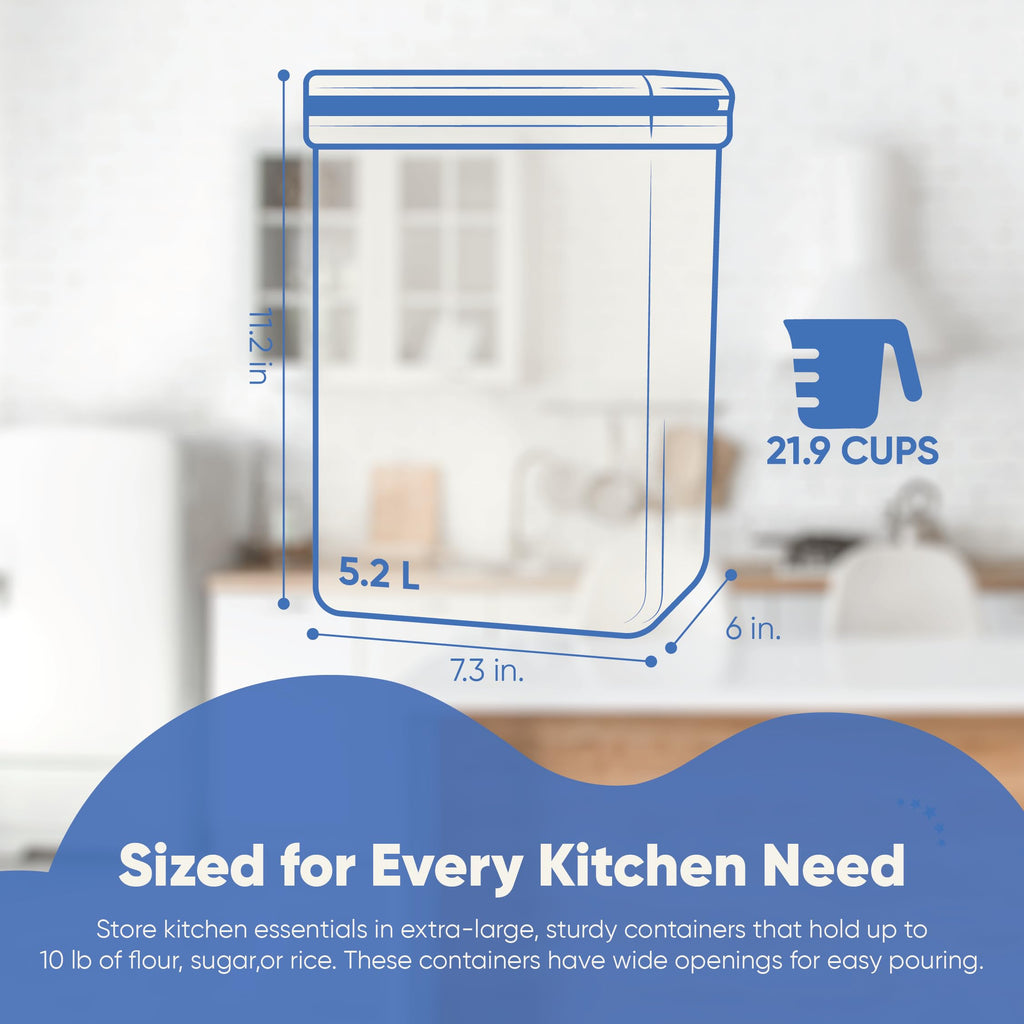 Chef's Path Kitchen Storage Box Set of 4 Extra Large Airtight Food Storage Jars for Sugar Flour Cereal Rice - Measuring Spoons, Pen and Food Preservation Labels (5.2 L)