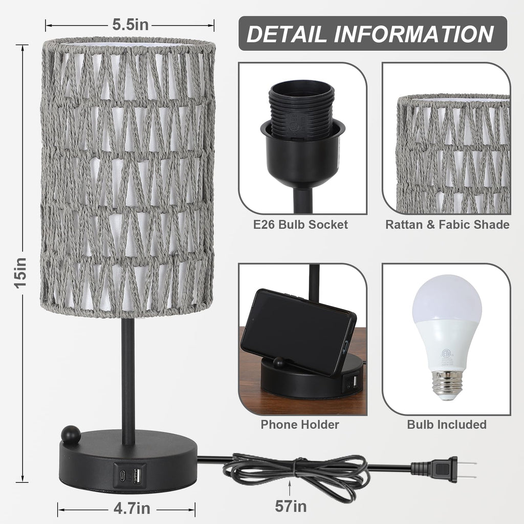 Rattan Bedside Table Lamps Set of 2 - Boho Lamps With 3 Color Temperatures & USB AC Port, Pull Chain Table Lamp For Bedroom, Cute Small Lamp For Nightstand Office Desk Bed Side End Table Living Room