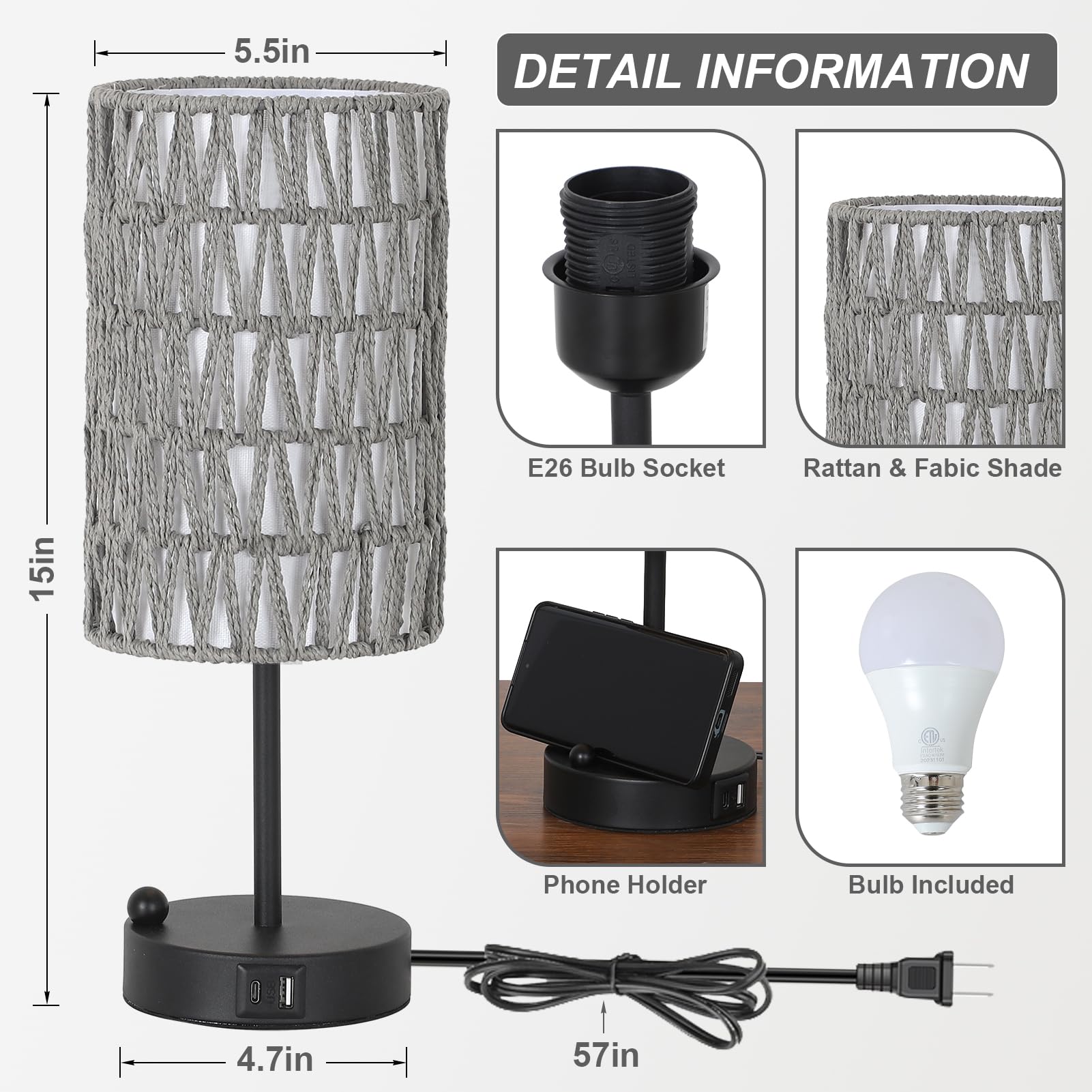 Rattan Bedside Table Lamps Set of 2 - Boho Lamps With 3 Color Temperatures & USB AC Port, Pull Chain Table Lamp For Bedroom, Cute Small Lamp For Nightstand Office Desk Bed Side End Table Living Room