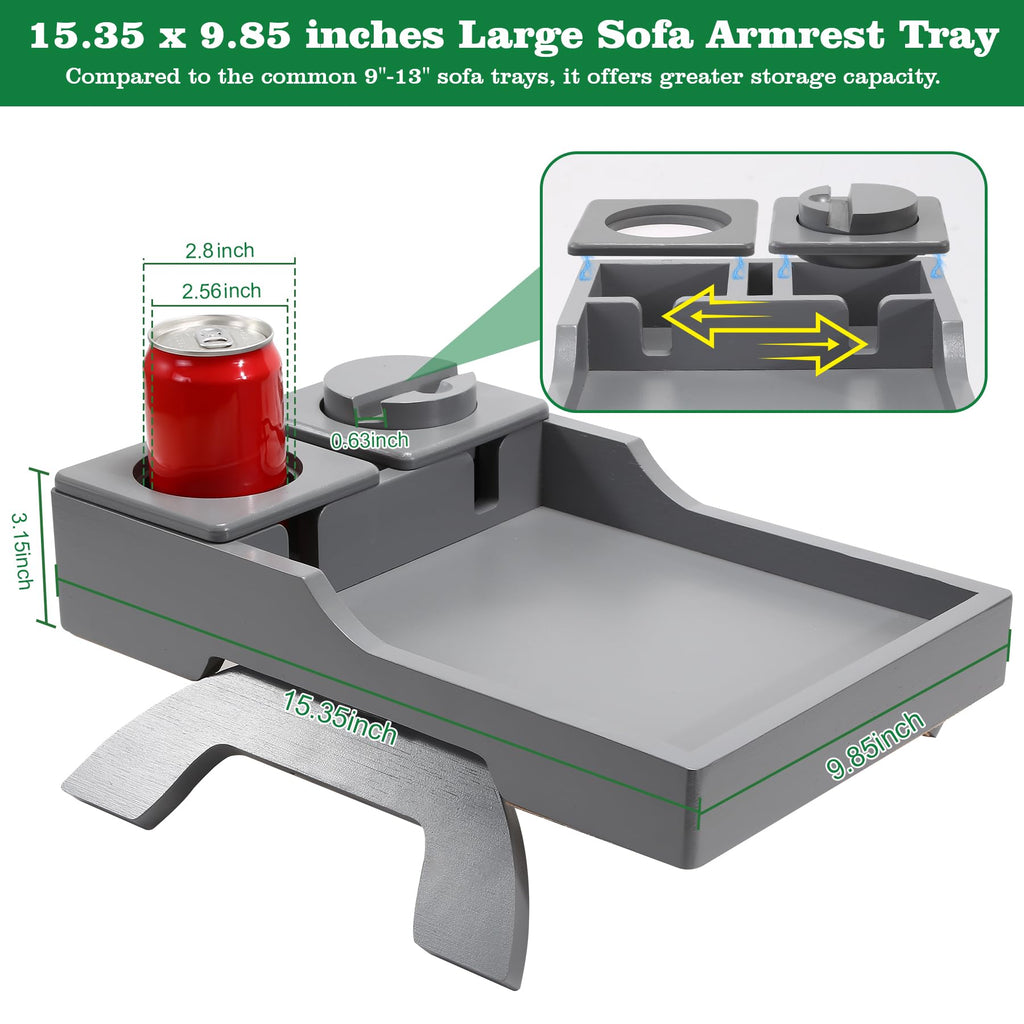 GHKINMAL Couch Cup Holder Tray, 15.4"x9.9" Large 4 in 1 Couch Arm Tray with 360°Rotated Phone Holder, Non-Slip Clip on Side Table for Drinks/Remote/Snacks, Ideal Gift for Husband, Wife, Parents