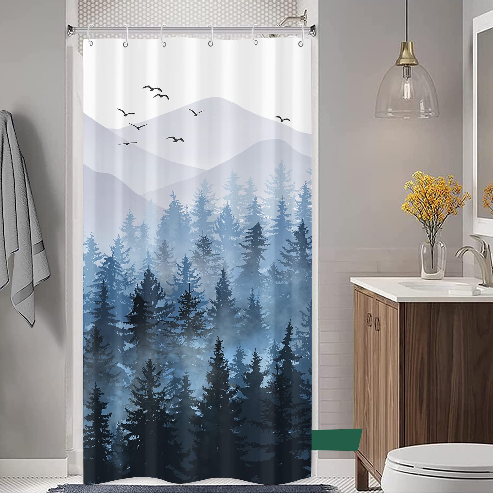 Stall Small Black and White Misty Forest Shower Curtain Ombre Gray Grey Mountain Pine Tree Waterproof Fabric Shower Curtains for Bathroom Nature Woodland Decorative Bath Curtain Decor 36×72 Inches
