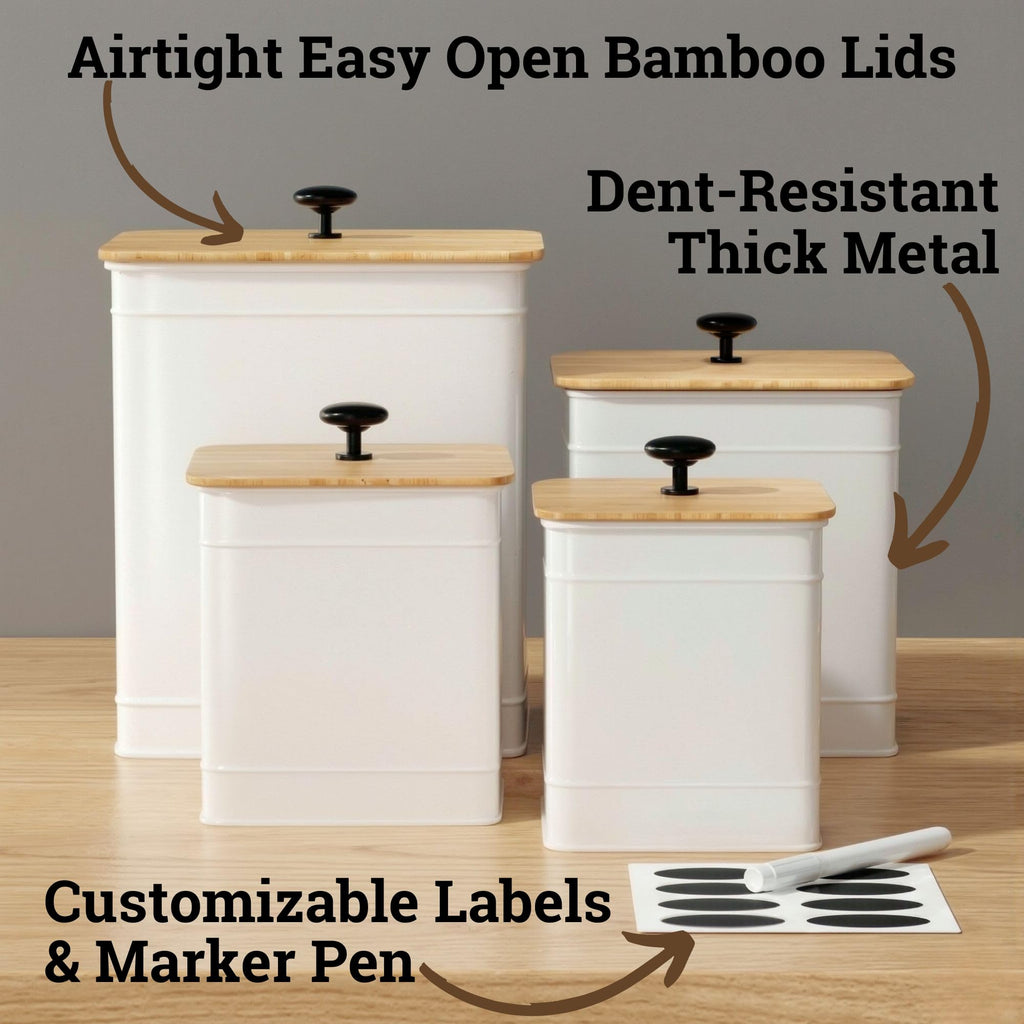 Kitchen Canisters for Countertop Set of 4 w/ Chalkboard Labels & Marker Pen | Airtight Easy Open Bamboo Lids, Dent-Resistant Thick Metal, Customizable Chalkboard Labels, Marker Pen Included, Set of 4