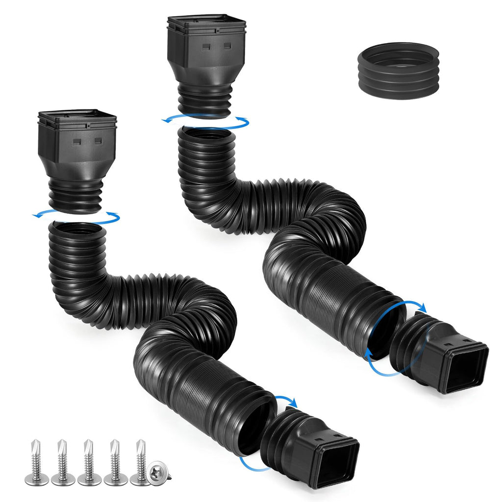 plusgutter 2 Pack Rain Gutter Downspout Extensions, Flexible Downspout Extender with 58"+68" Extendable Pipes for Rain Water Drainage, Durable Down Spout Drain Extension with Connector (Black)