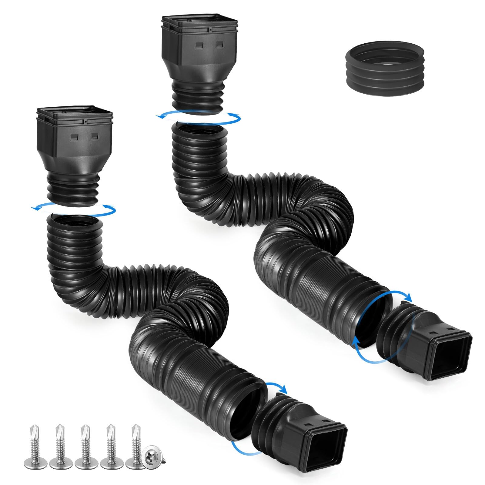 plusgutter 2 Pack Rain Gutter Downspout Extensions, Flexible Downspout Extender with 58"+68" Extendable Pipes for Rain Water Drainage, Durable Down Spout Drain Extension with Connector (Black)