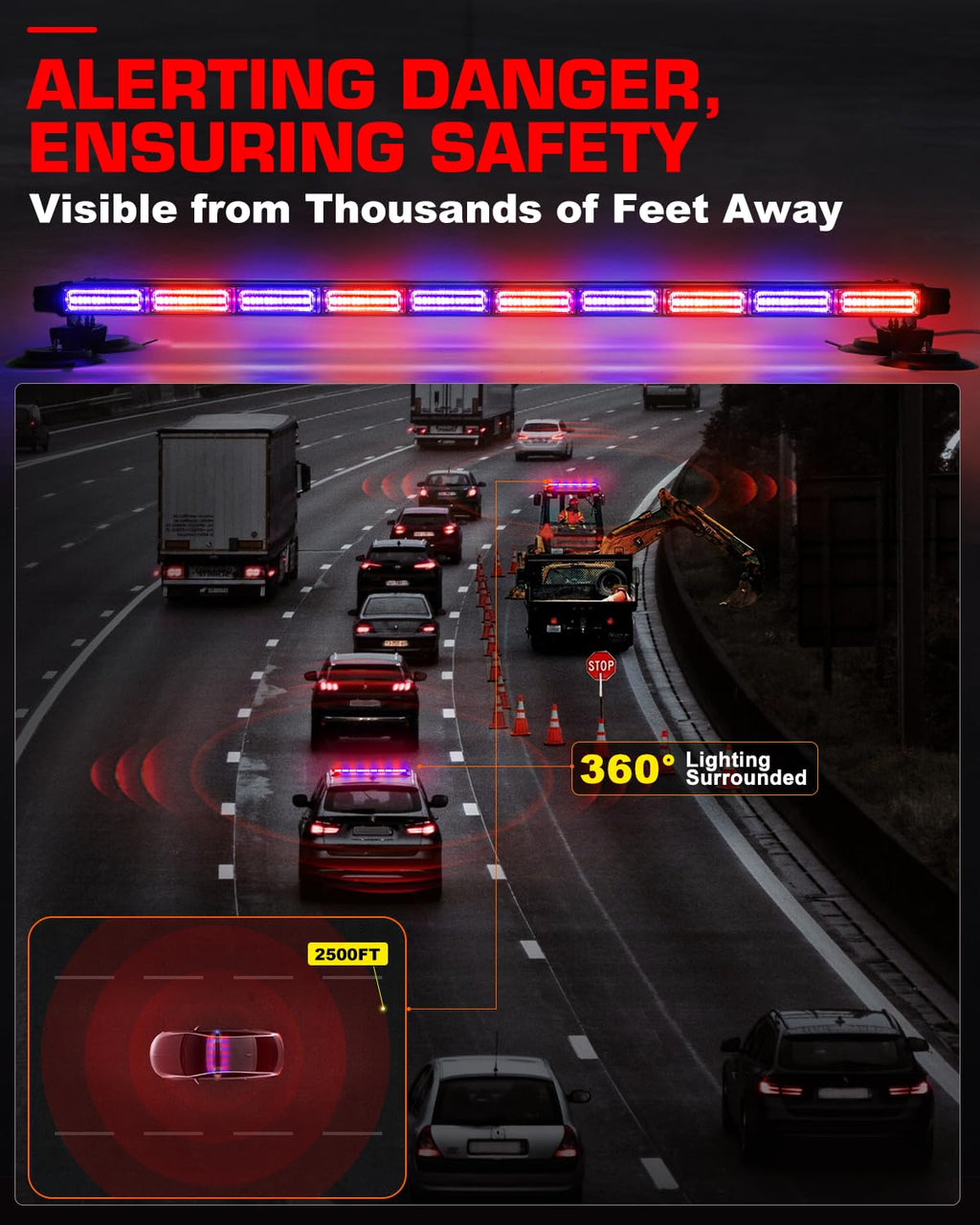 42" Roof Top Strobe Light Bar Amber White Emergency Traffic Advisor Lights, Double Side Warning Safety Flashing w/Magnetic Mount for Construction Vehicles Plow Trucks Pickup, Amber/White