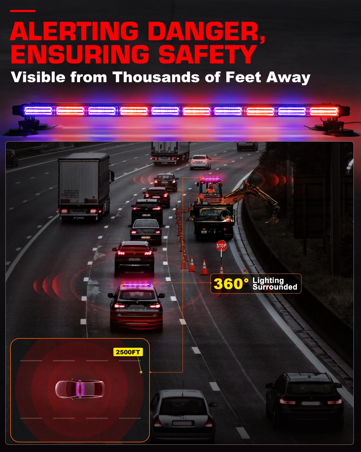 42" Roof Top Strobe Light Bar Amber White Emergency Traffic Advisor Lights, Double Side Warning Safety Flashing w/Magnetic Mount for Construction Vehicles Plow Trucks Pickup, Amber/White