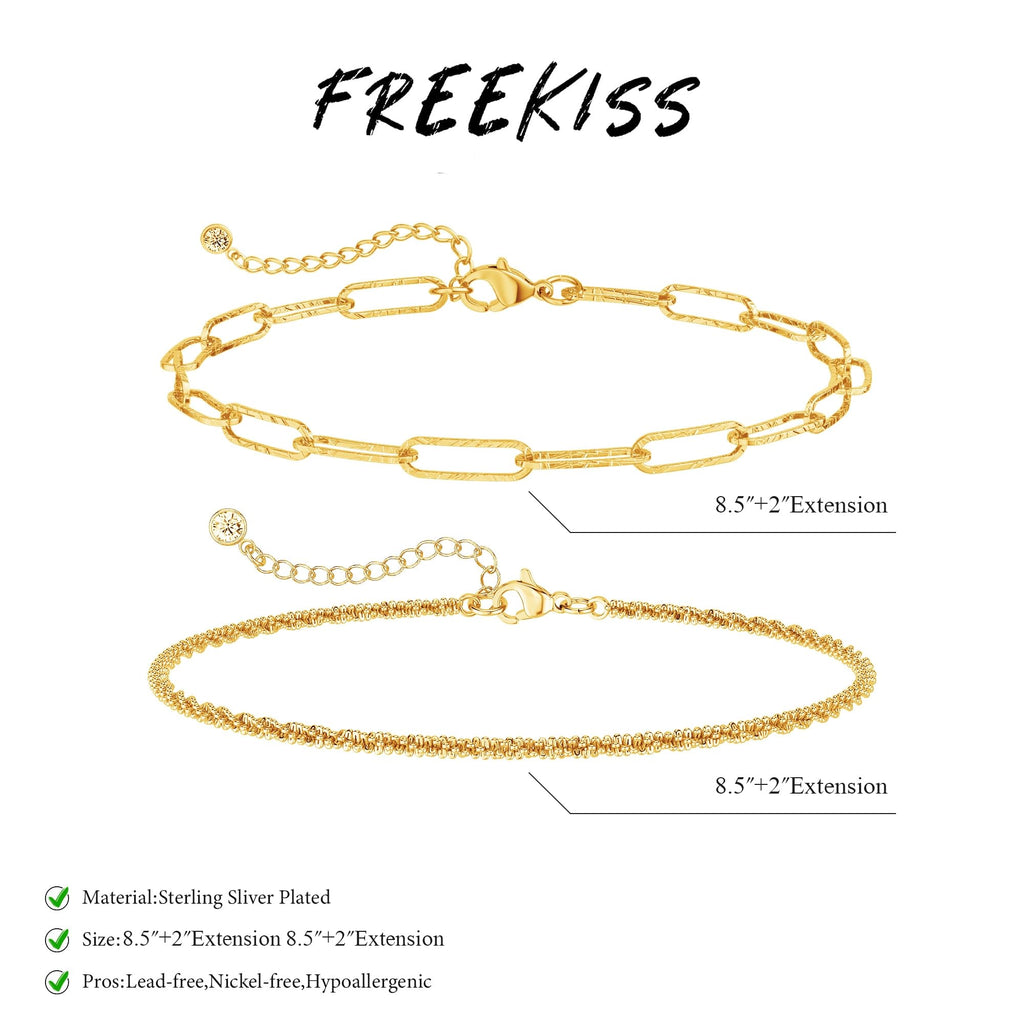 Freekiss Sterling Silver Ankle Bracelets for Women: Dainty Layered Waterproof Anklet for Women Adjustable Womens Anklet Set Stackable Figaro Beaded Cuban Link Anklets Beach Jewelry for Women