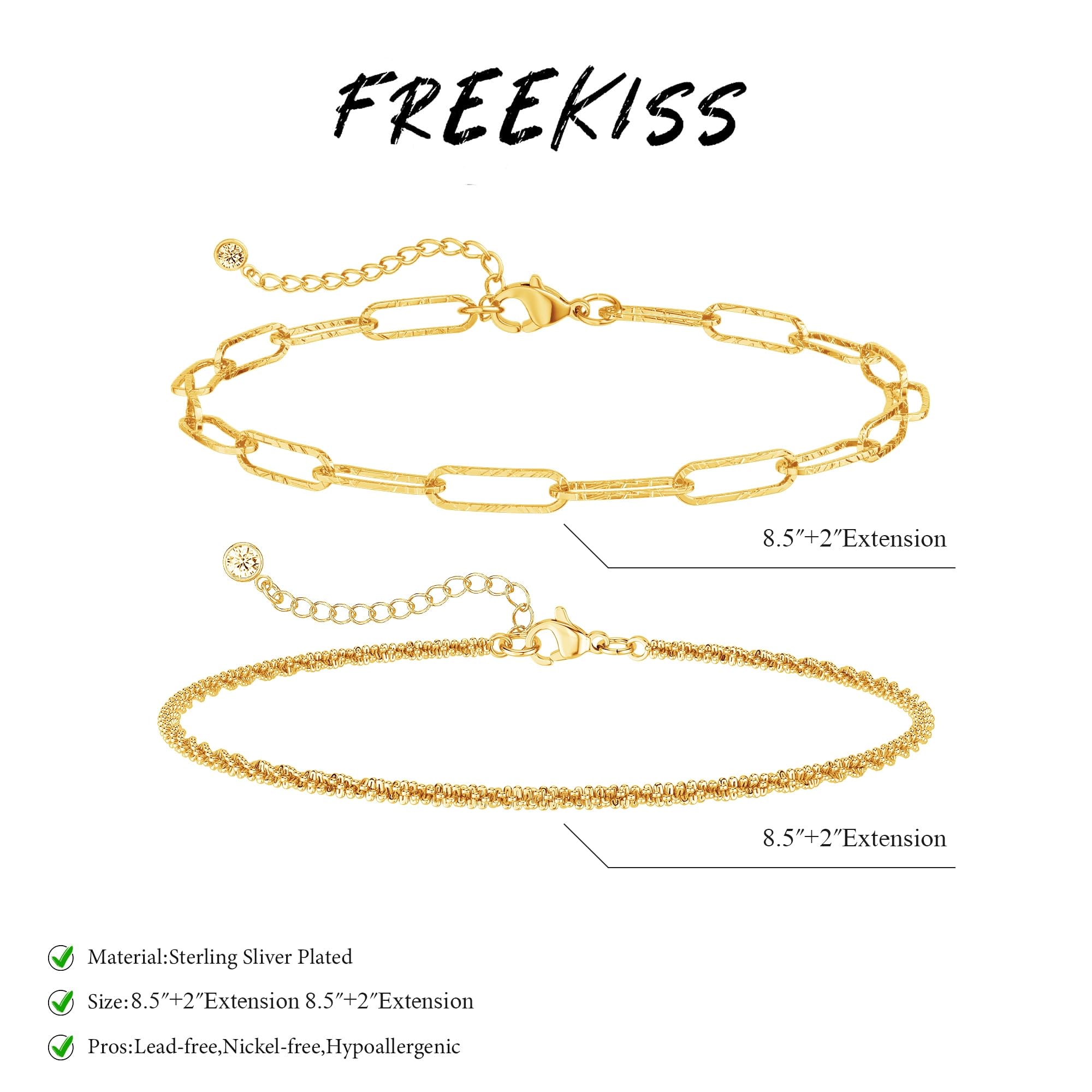 Freekiss Sterling Silver Ankle Bracelets for Women: Dainty Layered Waterproof Anklet for Women Adjustable Womens Anklet Set Stackable Figaro Beaded Cuban Link Anklets Beach Jewelry for Women