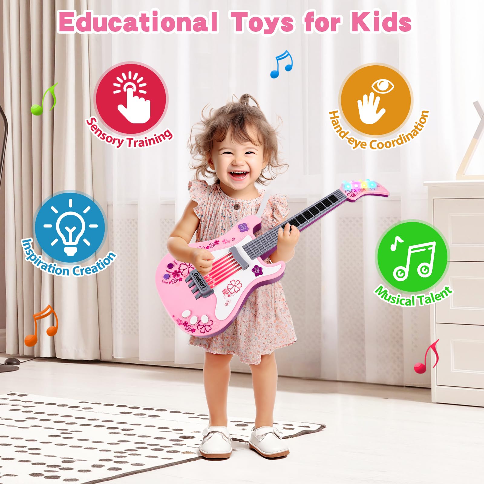 M SANMERSEN Kids Electric Toy Music Pink Guitars for Girl, with Strap for Kid, Toddler Musical Instrument Toys for 3 4 5 Year Old Girls Gifts