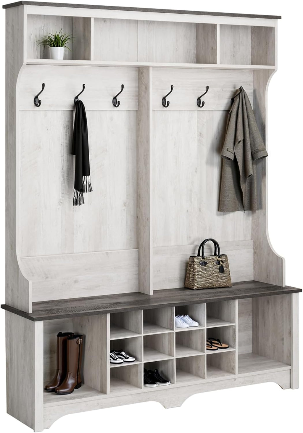 Prepac Farmhouse Washed White Hall Tree, Shoe Cabinet, Storage Cabinet with 12 Shoe Cubbies, 2 Boot Cubbies and 6 Double Coat Hooks 15.5" D x 60" W x 77" H
