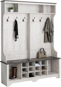 Prepac Farmhouse Washed White Hall Tree, Shoe Cabinet, Storage Cabinet with 12 Shoe Cubbies, 2 Boot Cubbies and 6 Double Coat Hooks 15.5" D x 60" W x 77" H