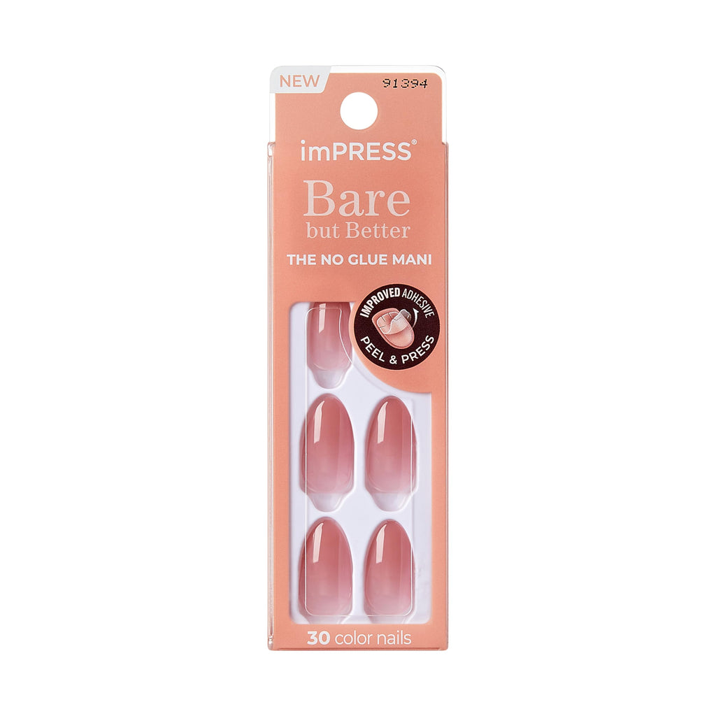 KISS imPRESS No Glue Mani Press On Nails, Bare but Better, 'Flare', Medium Neutral, Medium Size, Coffin Shape, Includes 30 Nails, Prep Pad, Instructions Sheet, 1 Manicure Stick, 1 Mini File