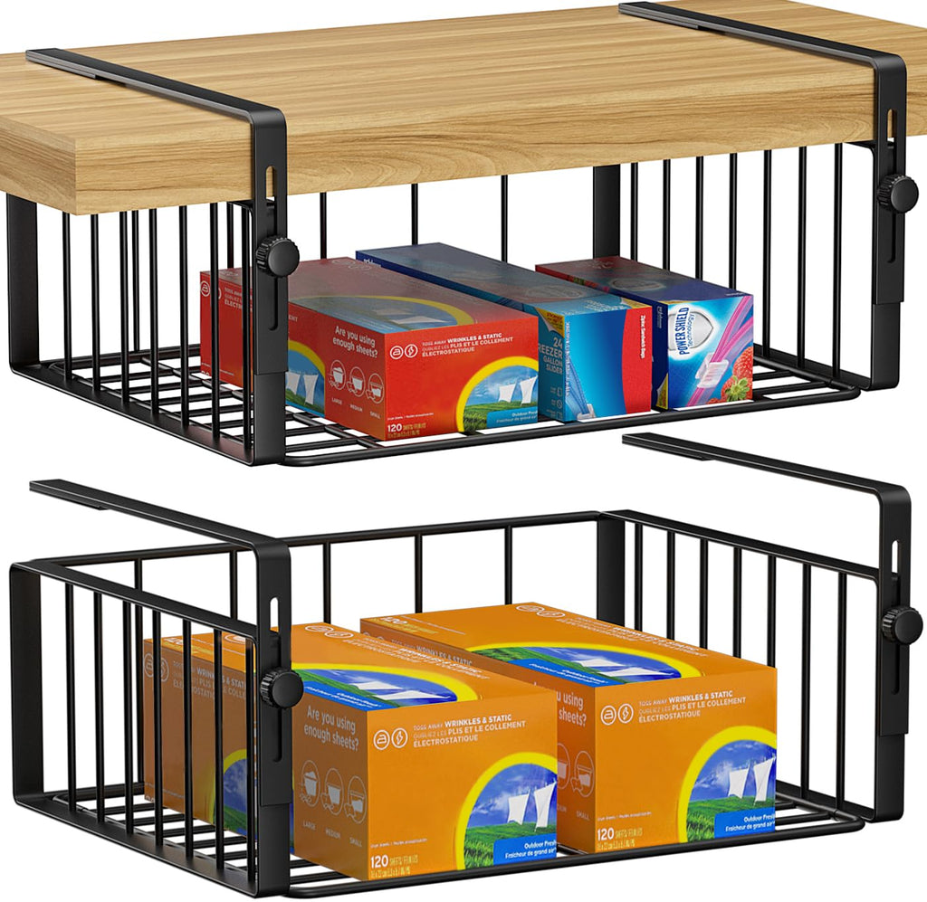 AmonHouseware 2Pack Under Shelf Basket Organizer,Adjustable Hanging Holder Storage for Cabinet Pantry Kitchen Cupboard Desk Counter Bookshelf Organization Add-on Space Saver Heavy Duty Slide-in,Black