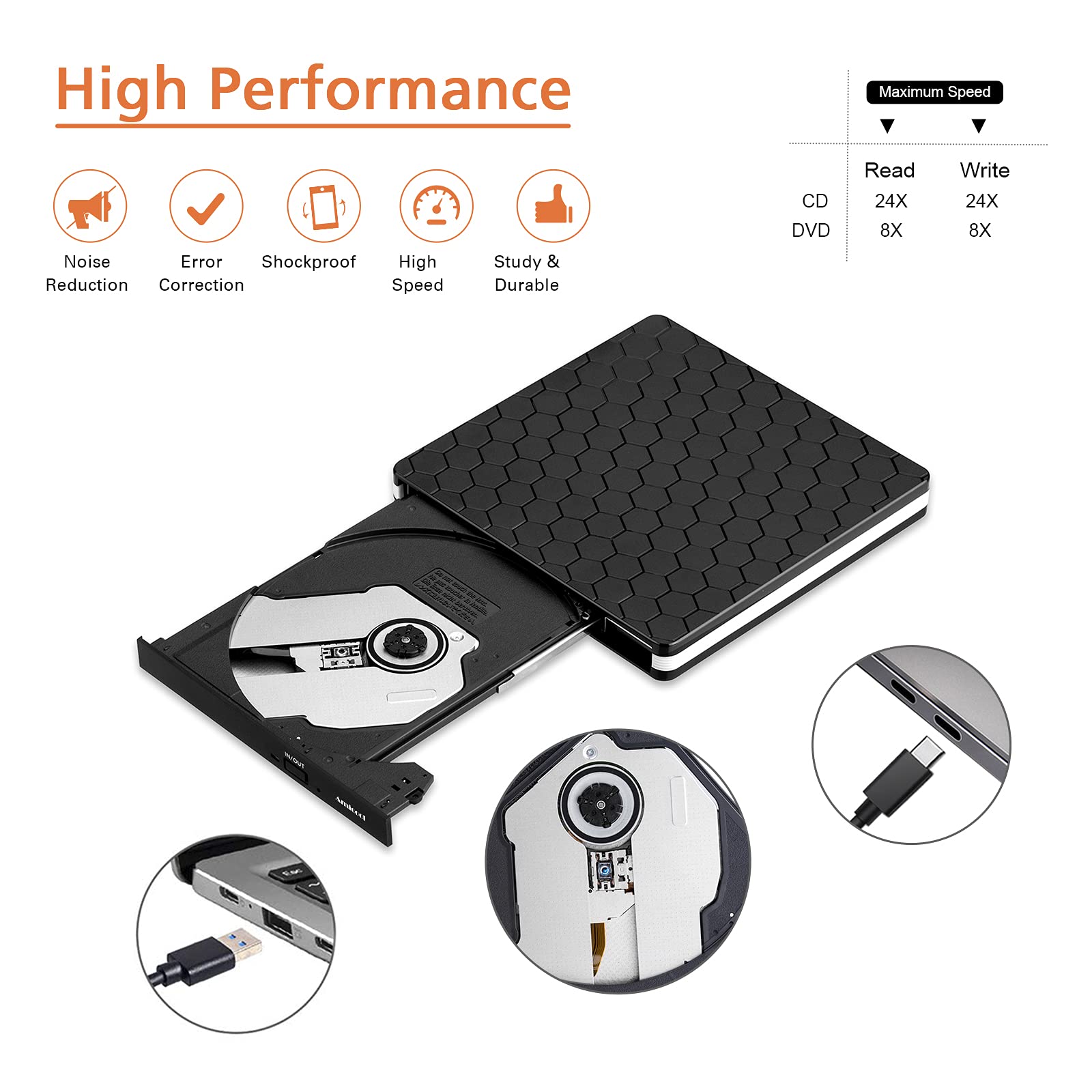 Amicool External USB-C USB 3.0 CD/DVD Drive Burner +/-RW, Ultra-Slim Portable DVD Player Writer Reader for Mac iMac MacBook, Windows 11/10/8 Linux, Laptop Desktop PC Computer Optical Drive