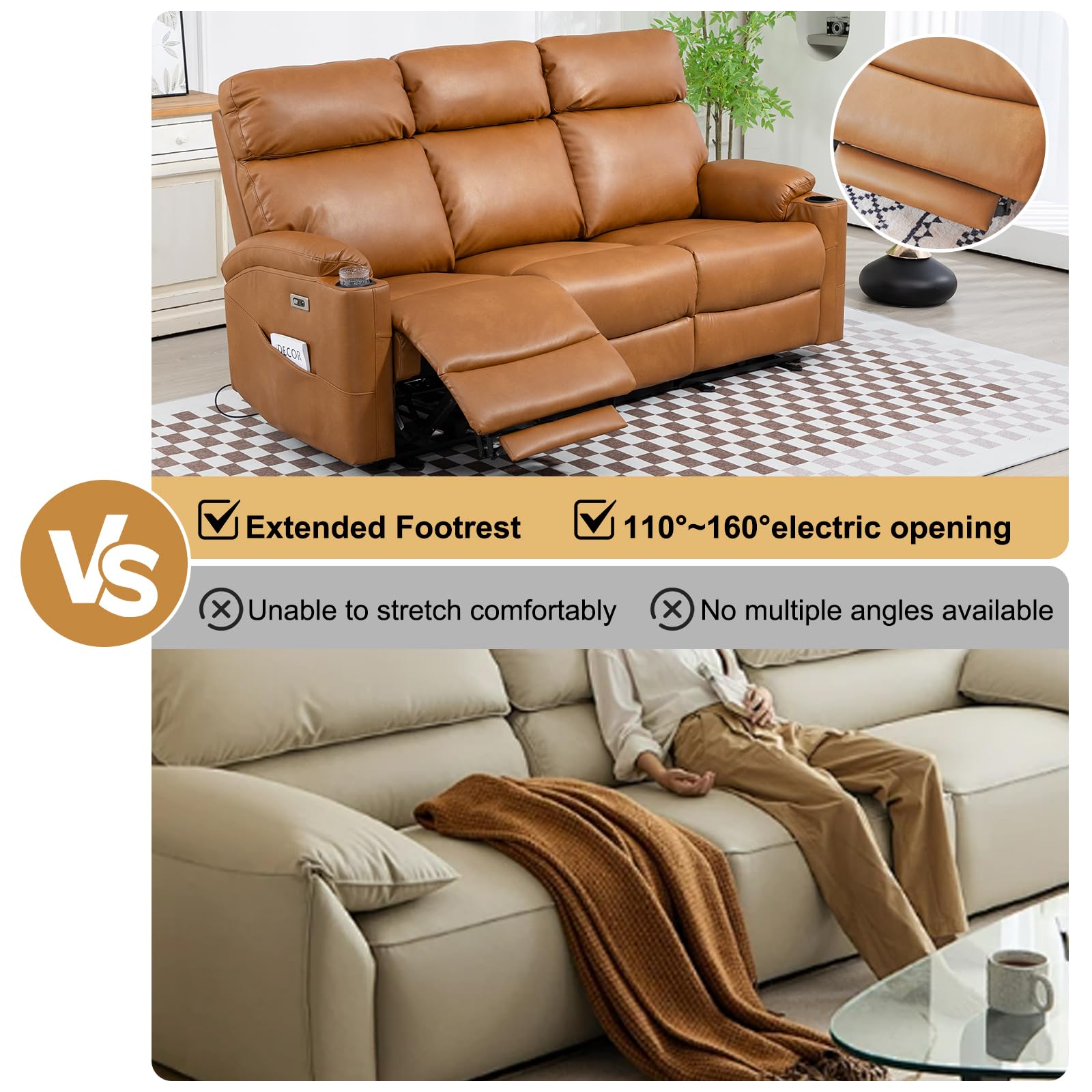 Power Reclining Sofa - 3 Seater Recliner Sofás, PU Leather Sofa, Home Theater Seating with Flipped Middle Backrest, Power Recliner Couch for Living Room(Brown)