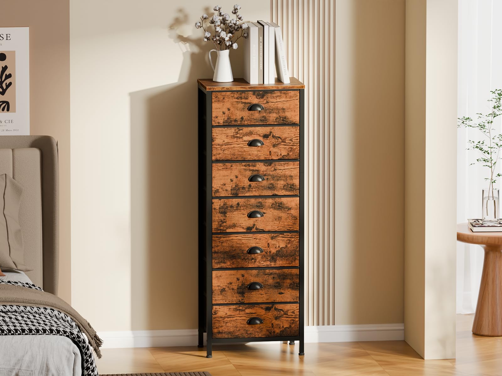 Furnulem Tall Dresser with 6 Drawers,Vertical Bedside End Table & Chest for Bedroom,Black Storage Tower Dorm Nightstand with Fabric Drawer Organizer Unit Furniture in Living Room,Closet,Hallyway