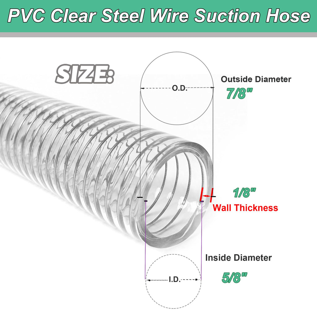 1"id-5ft PVC Reinforced Tubing Steel Wire Suction Flexible Hose Vinyl Tubing Heavy Duty PVC Vacuum Hose Drain Fuel Oil Gas Water for Marine Bilge Pump Pond Spa