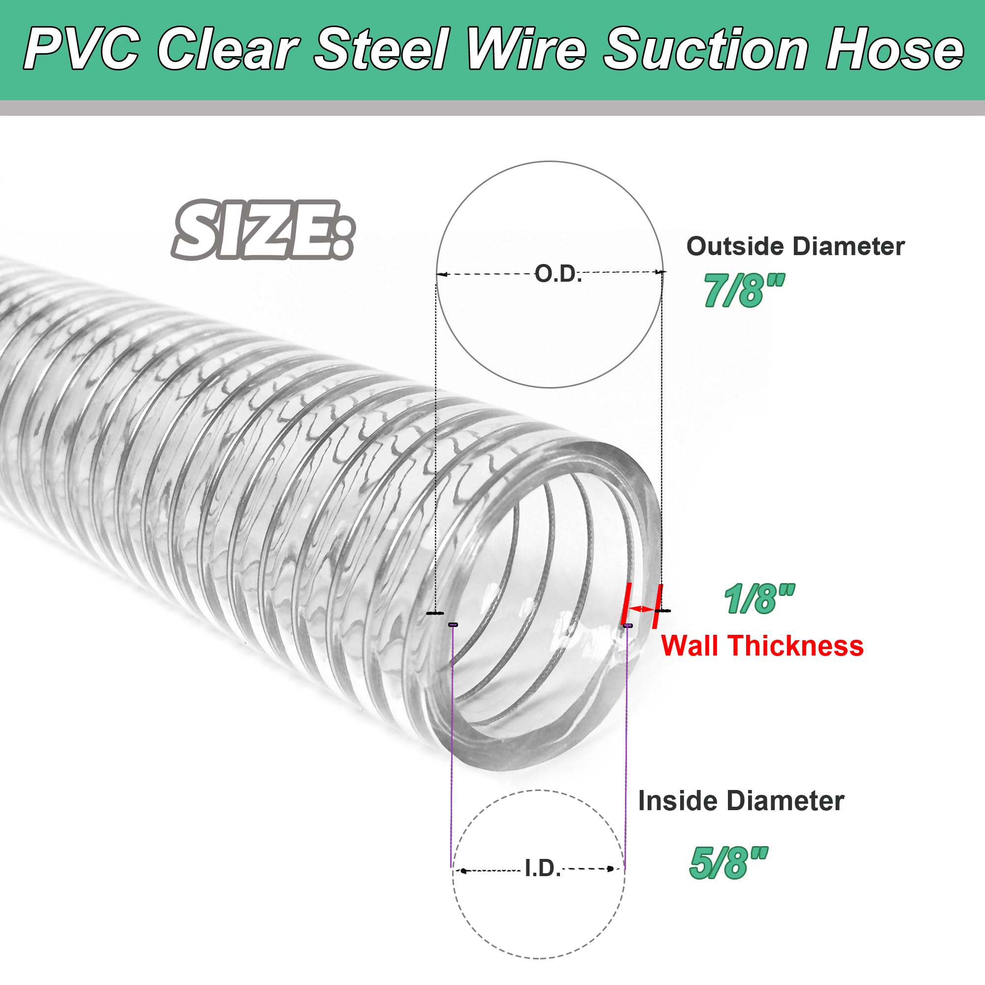 1"id-5ft PVC Reinforced Tubing Steel Wire Suction Flexible Hose Vinyl Tubing Heavy Duty PVC Vacuum Hose Drain Fuel Oil Gas Water for Marine Bilge Pump Pond Spa