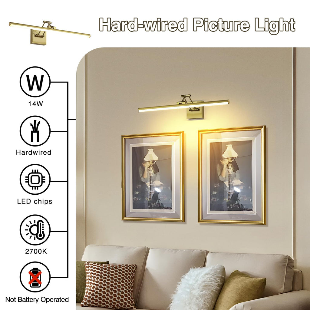 Joossnwell LED Picture Lights for Paintings Dimmable 15.5 Inch Long Hard-Wired Picture Frame Lights Brass Gallery Wall Light with Adjustable Swing Arm Art Display Lamps 7W 3000K Warm White