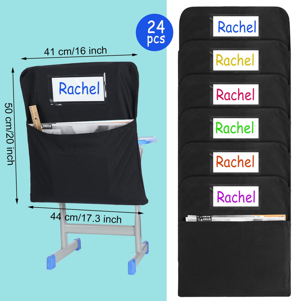Maitys 24 Pcs Chair Pockets for Classrooms 17 x 20 Inches Student Chair Bag Chairback with Name Tag for Keeping Student Book School Table Organized