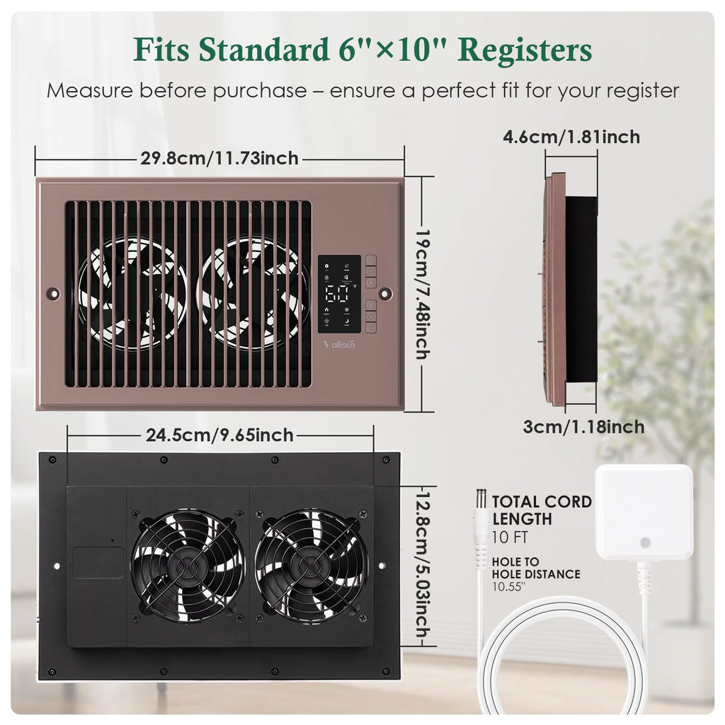VallisCo Register Booster Fan 6" x 10" with Negative Ion, Manual Airflow Direction Control, Quiet 10-Speed Heating Cooling AC Vent Fan with Remote & Thermostat Control for Wall Floor, Bronze