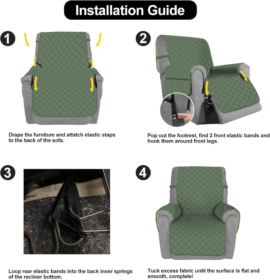 Deeky Recliner Chair Covers for Large Recliner, Reclining Chair Cover Slipcovers, Couch Sofa Covers for Dogs Pets Reversible Water Resistant Furniture Covers with Elastic Straps, Greyish Green/Beige