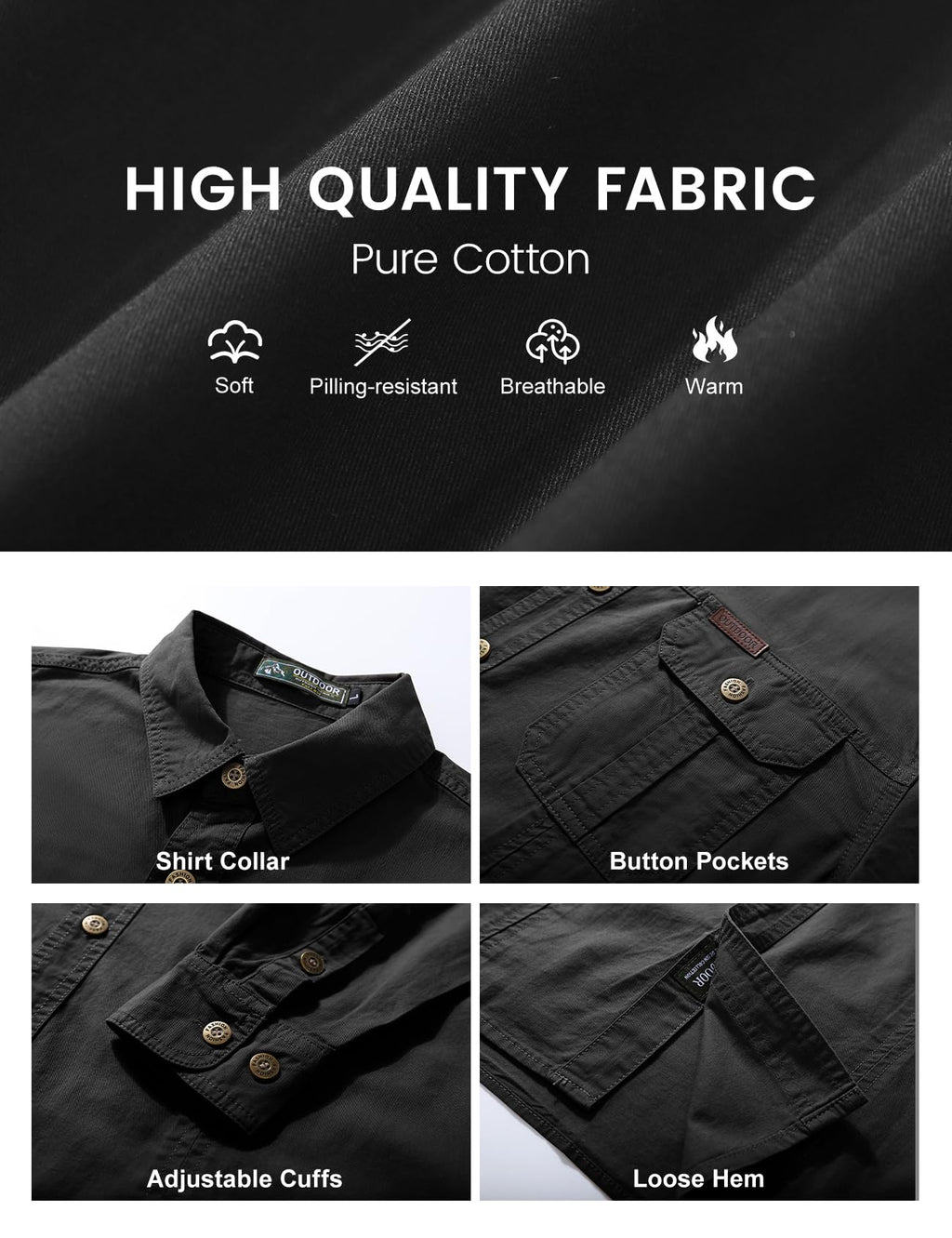 Eisctnd Men's Long Sleeve Cotton Work Shirt Casual Loose Fit Button Down Shirts with 2-Pocket for Outdoor Safari